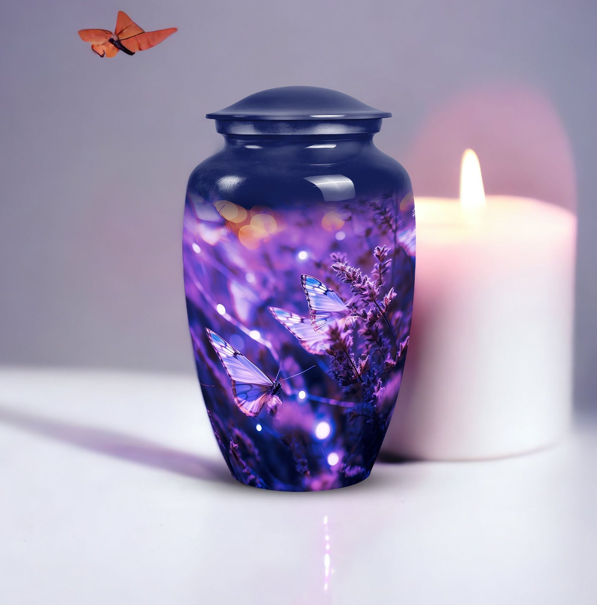 Purple Butterfly Large Metal Urn for Ashes.