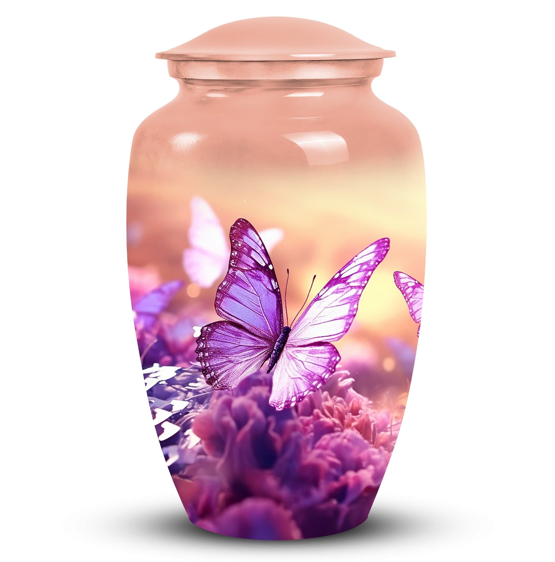 Classic Butterflies fly Sunset Meadow Cremation Urn.