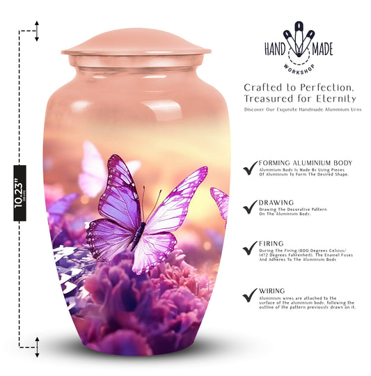 Classic Butterflies fly Sunset Meadow Cremation Urn.