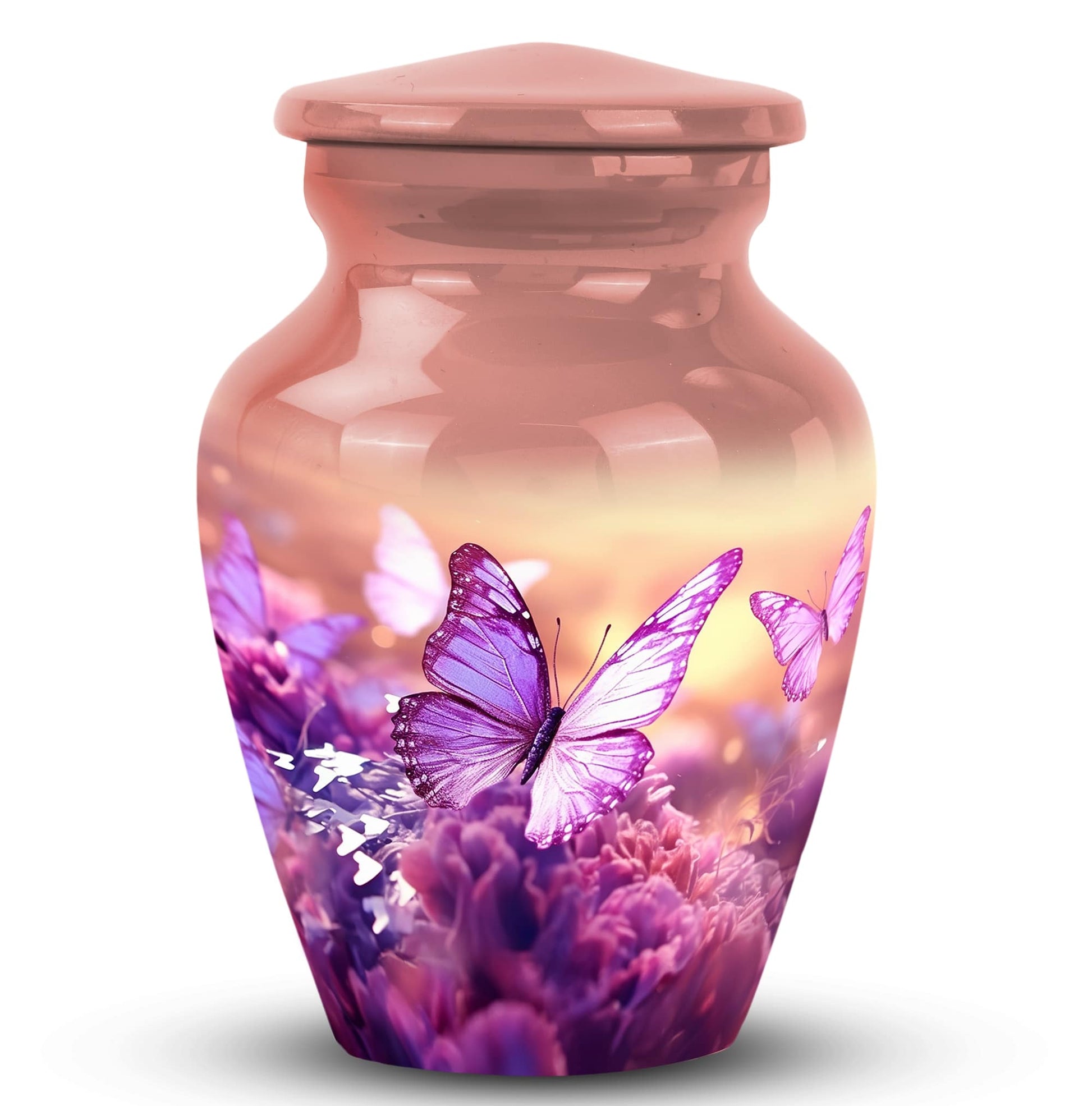 Classic Butterflies fly Sunset Meadow Cremation Urn.