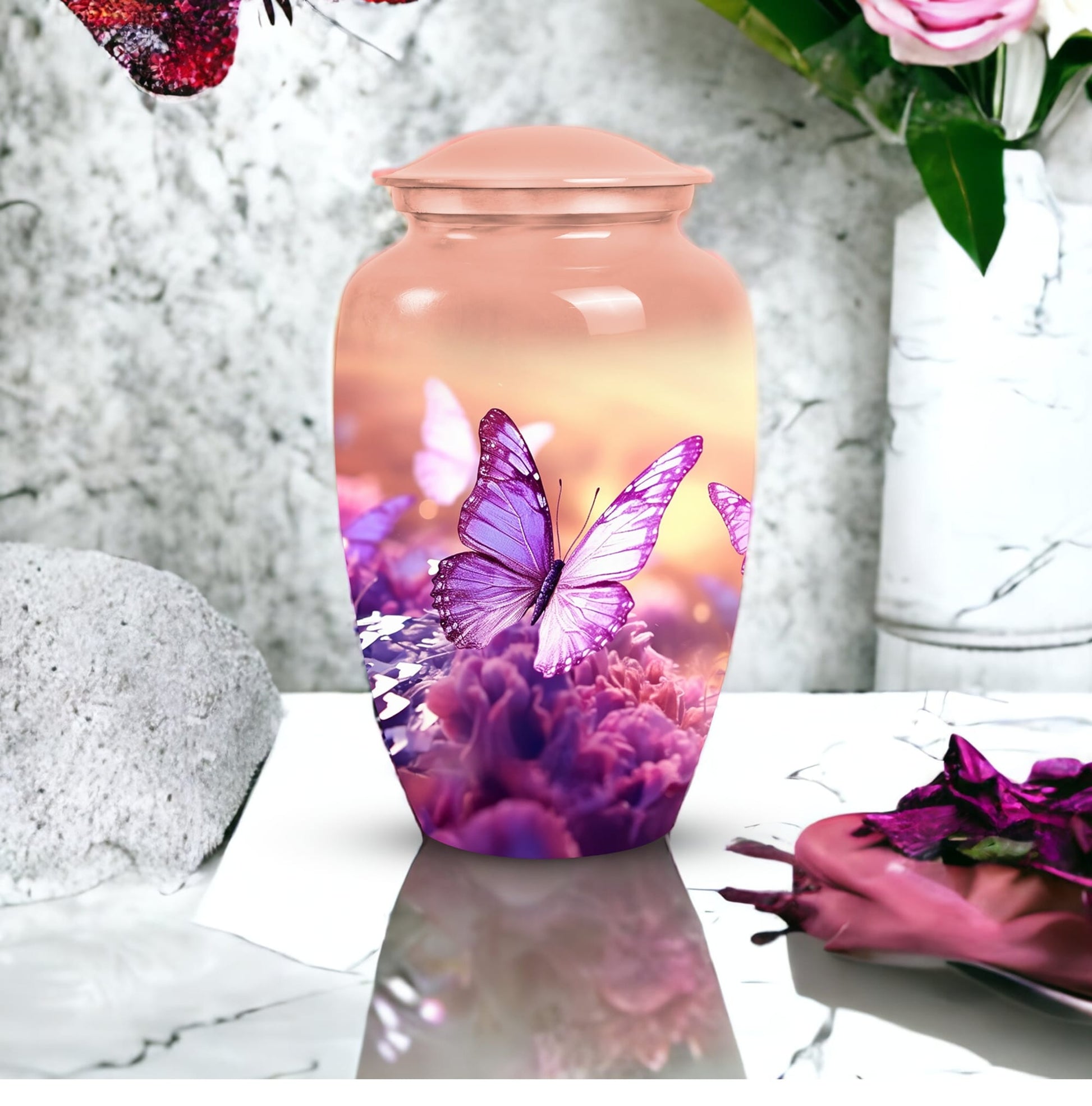 Classic Butterflies fly Sunset Meadow Cremation Urn.