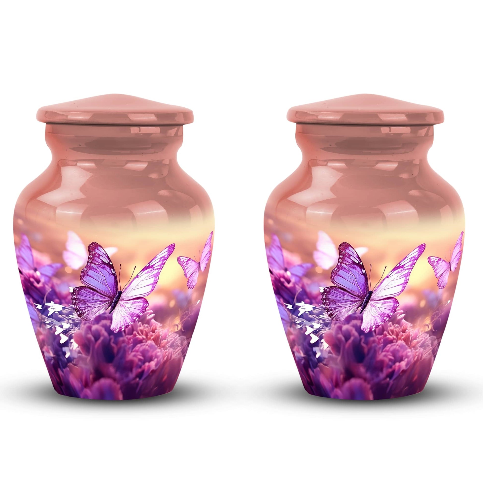 Classic Butterflies fly Sunset Meadow Cremation Urn.