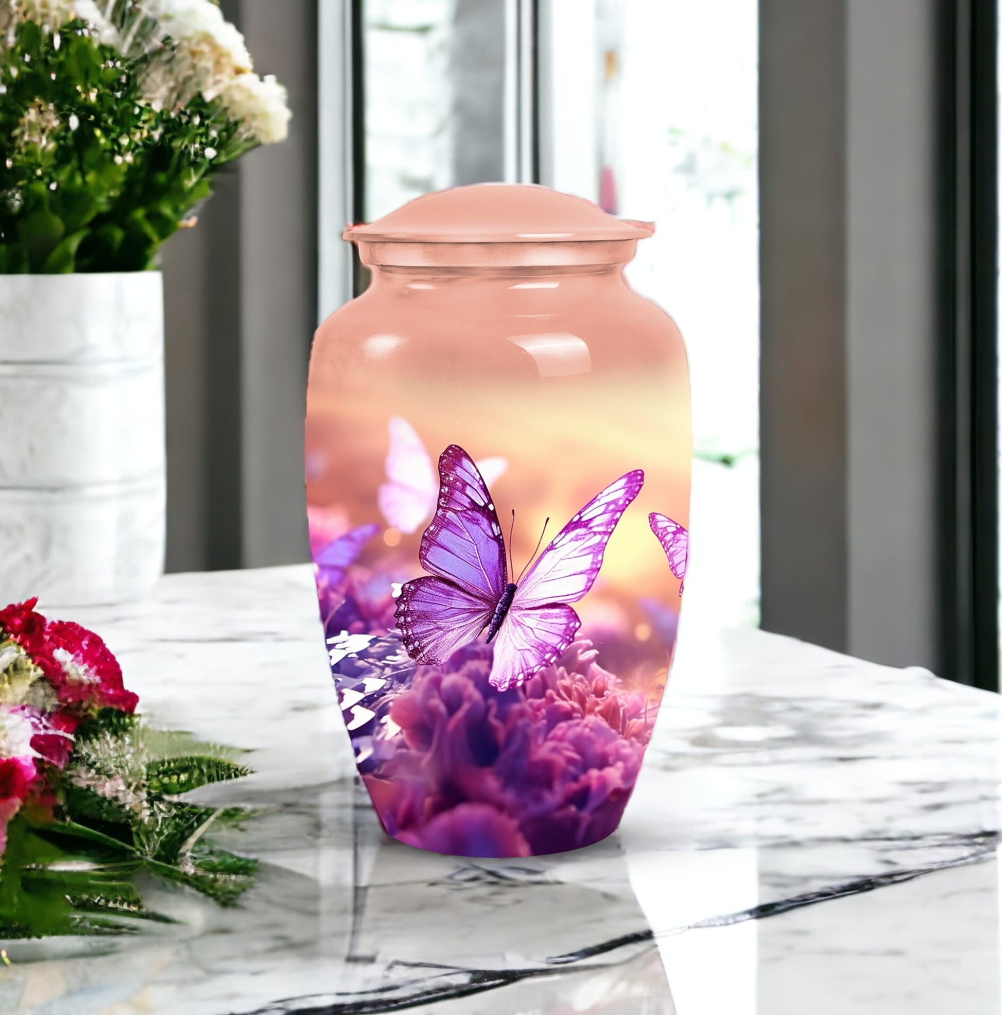 Classic Butterflies fly Sunset Meadow Cremation Urn.