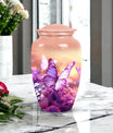 Classic Butterflies fly Sunset Meadow Cremation Urn.