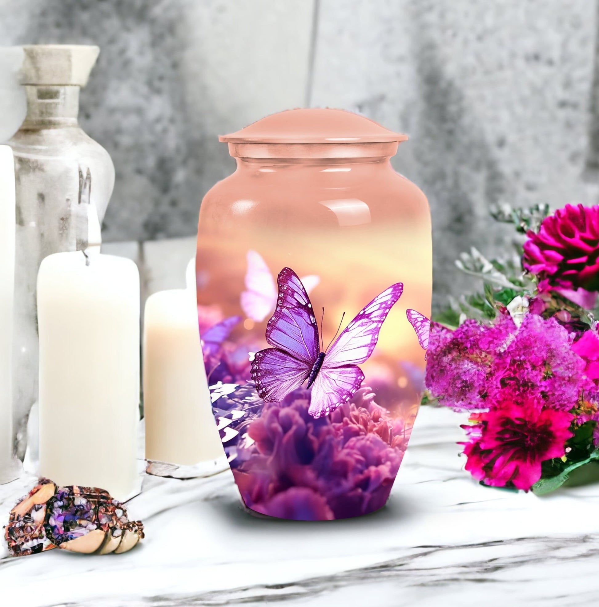 Classic Butterflies fly Sunset Meadow Cremation Urn.