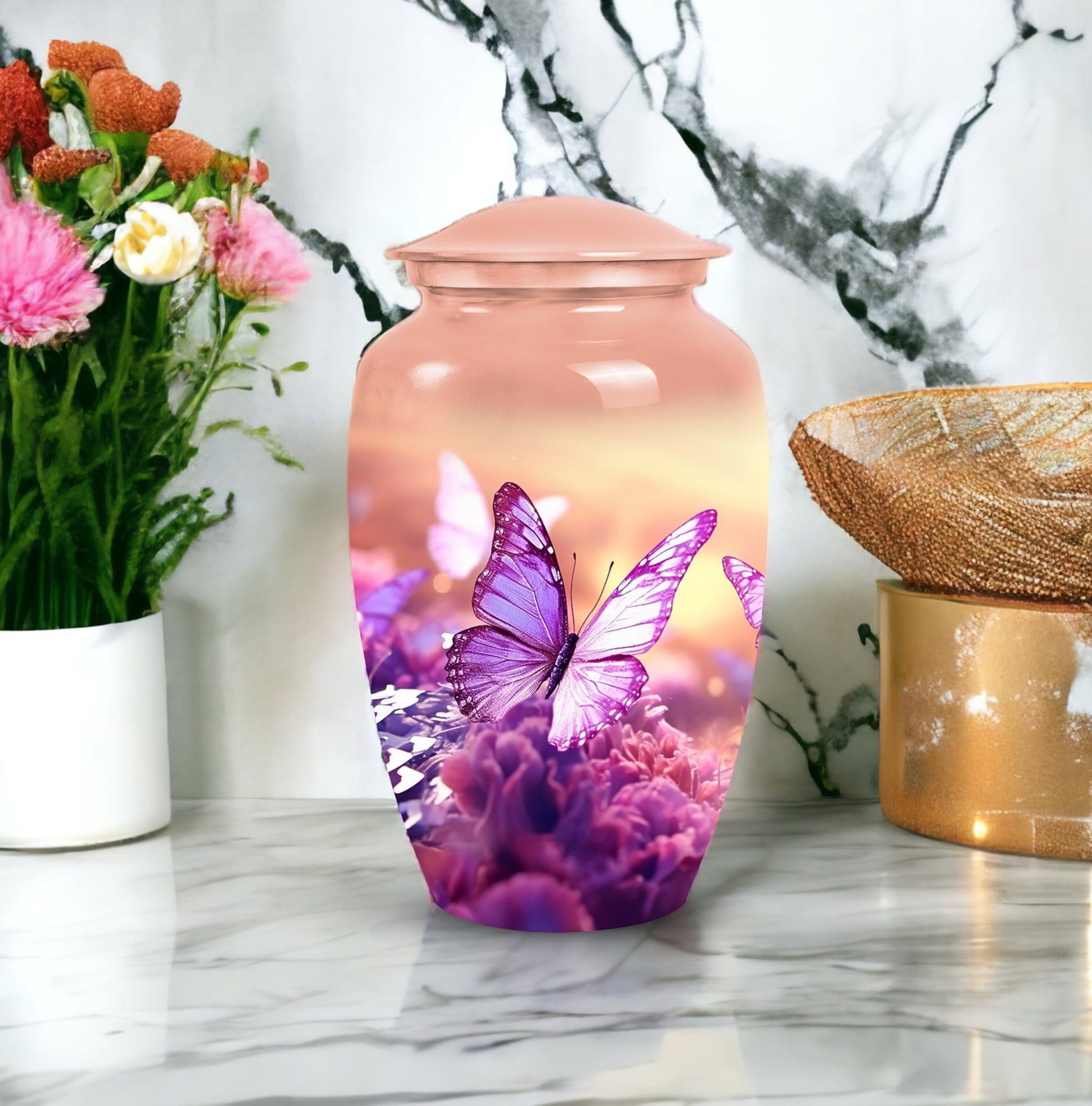 Classic Butterflies fly Sunset Meadow Cremation Urn.