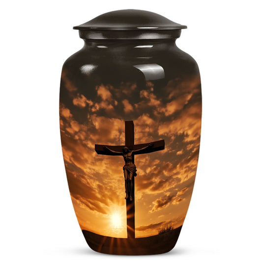 Classic Memorial Urn depicting Jesus on the cross.