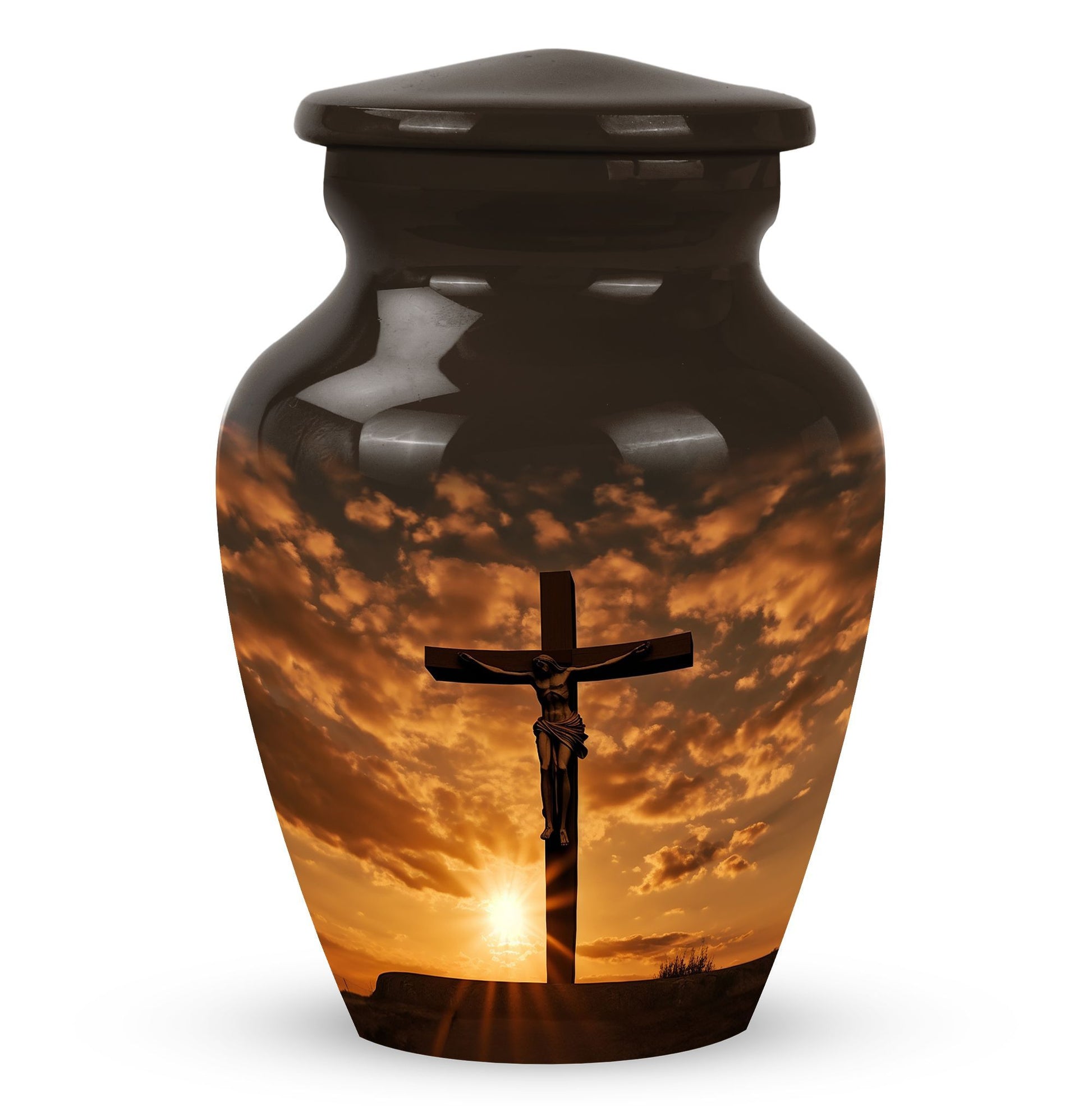 Classic Memorial Urn depicting Jesus on the cross.