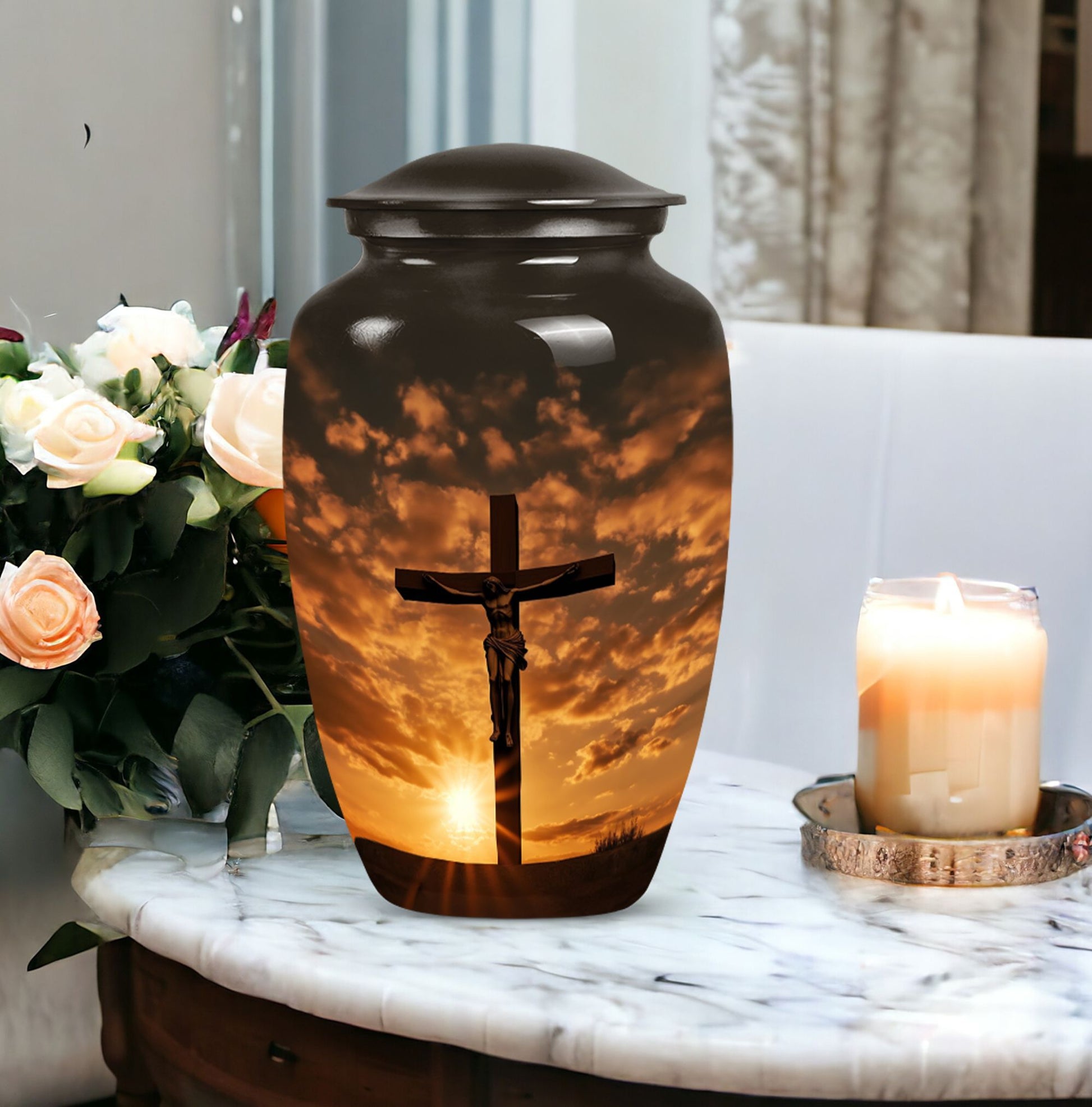 Classic Memorial Urn depicting Jesus on the cross.