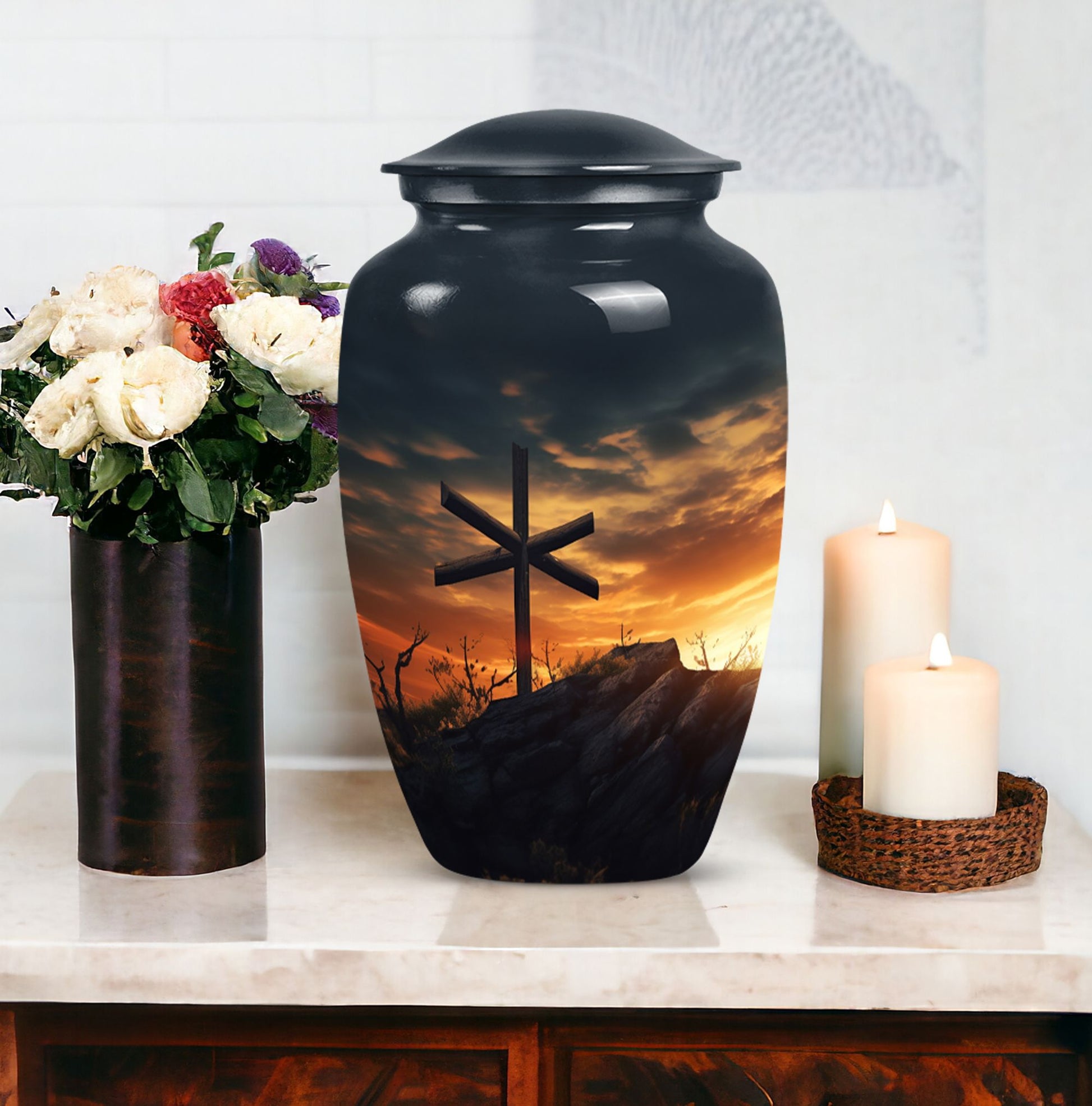 Classic Christ Cross Cremation Urn, Velvet Pouch for Ashes