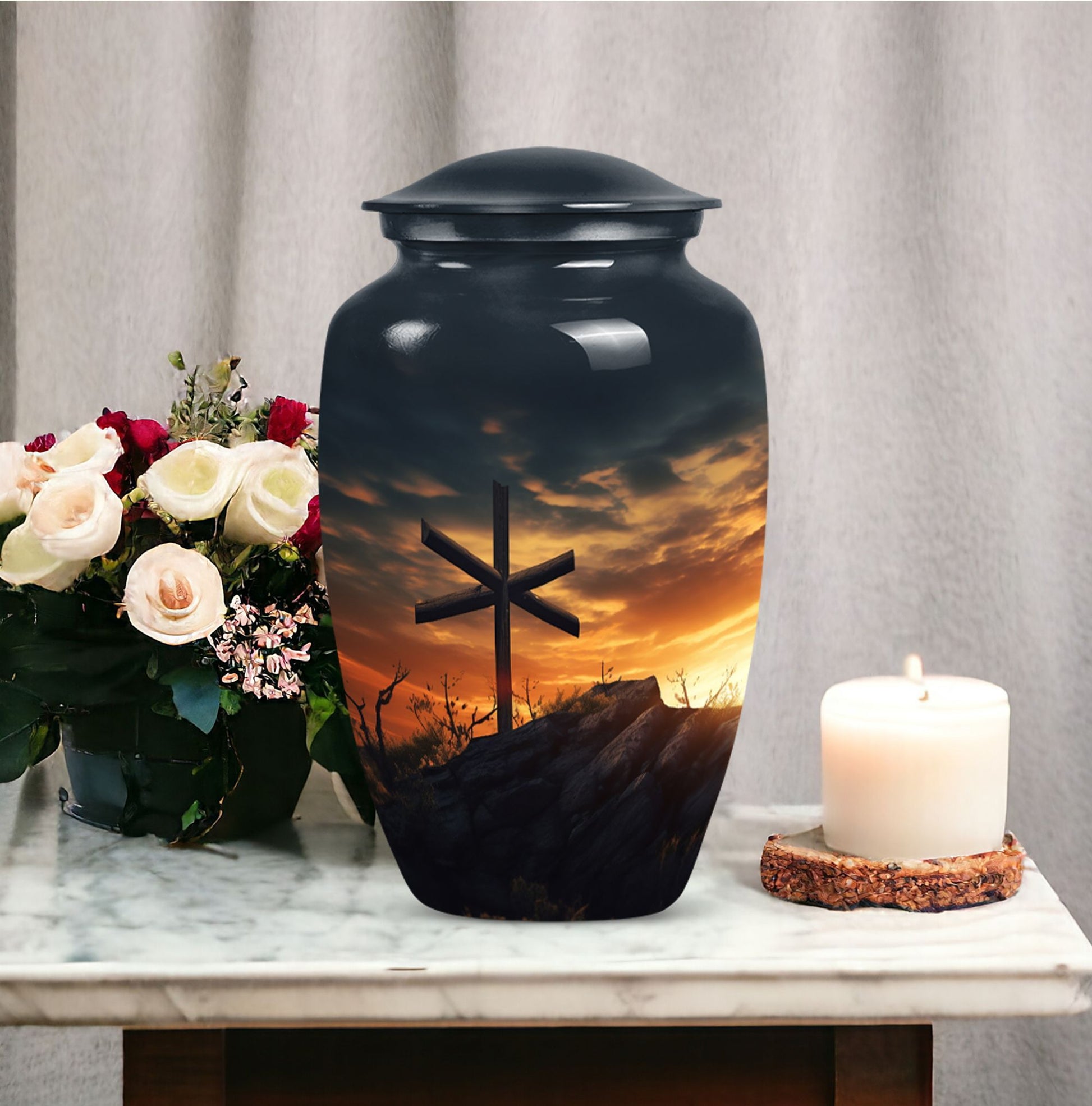 Classic Christ Cross Cremation Urn, Velvet Pouch for Ashes