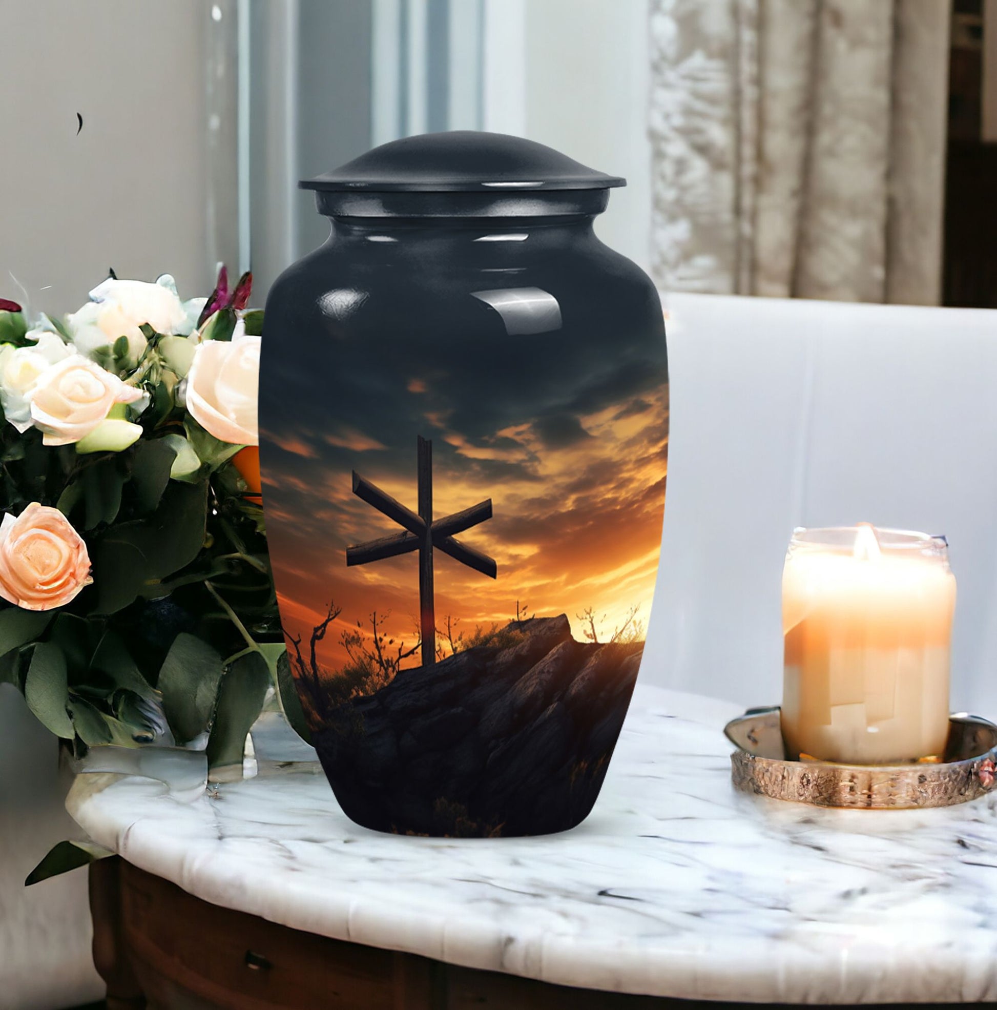 Classic Christ Cross Cremation Urn, Velvet Pouch for Ashes