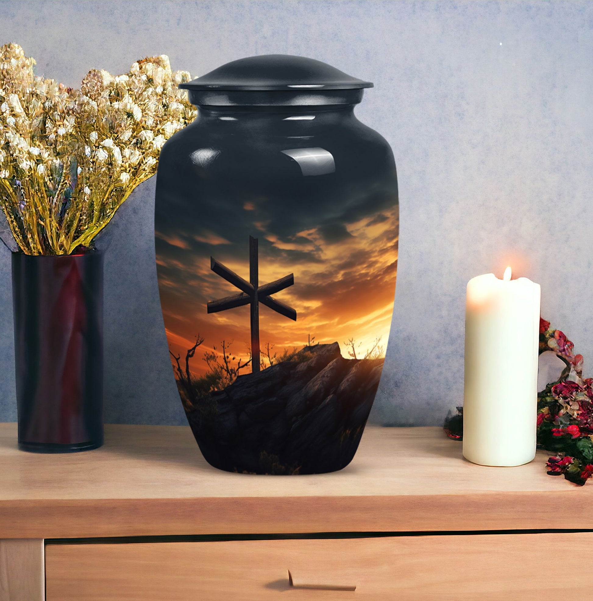 Classic Christ Cross Cremation Urn, Velvet Pouch for Ashes