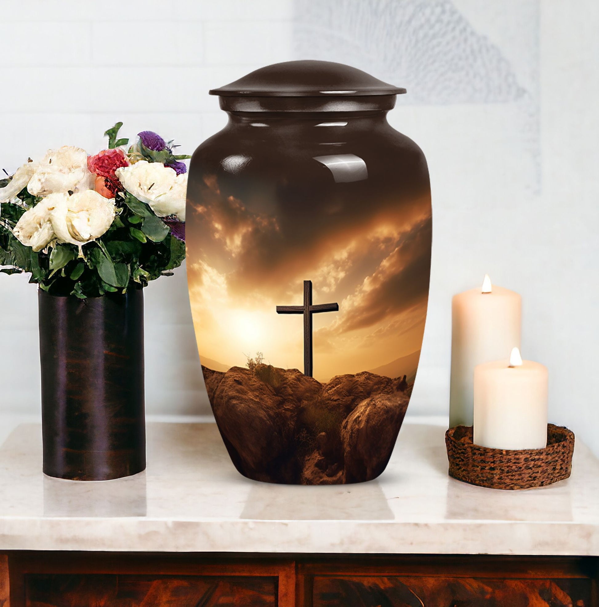 Jesus Christ Cross Urn in Aluminium, Classic Design Urn.