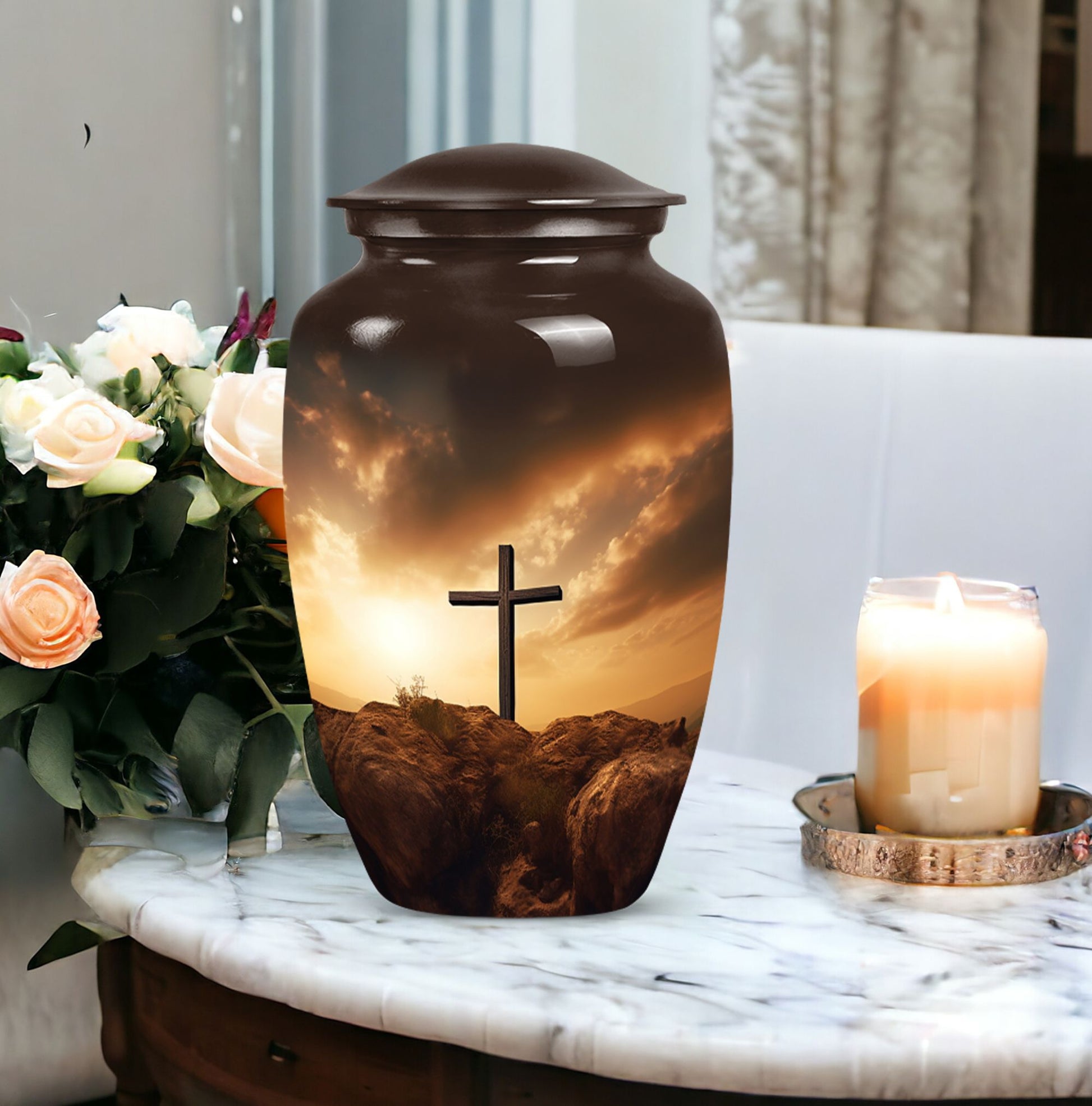 Jesus Christ Cross Urn in Aluminium, Classic Design Urn.