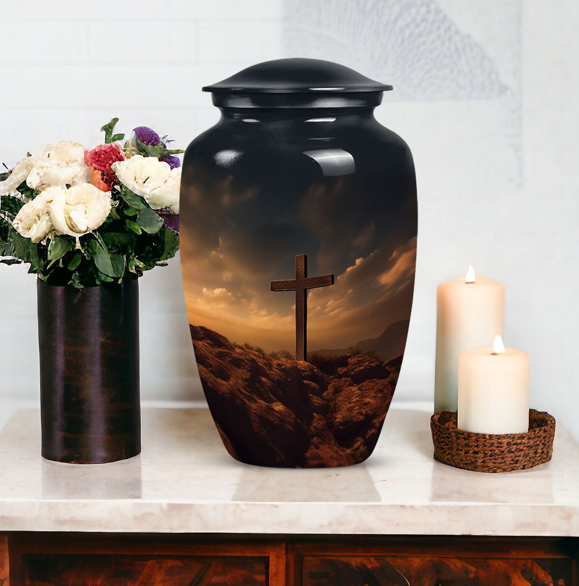 Jesus Christ Cross Cremation Urn, personalized aluminum urn.