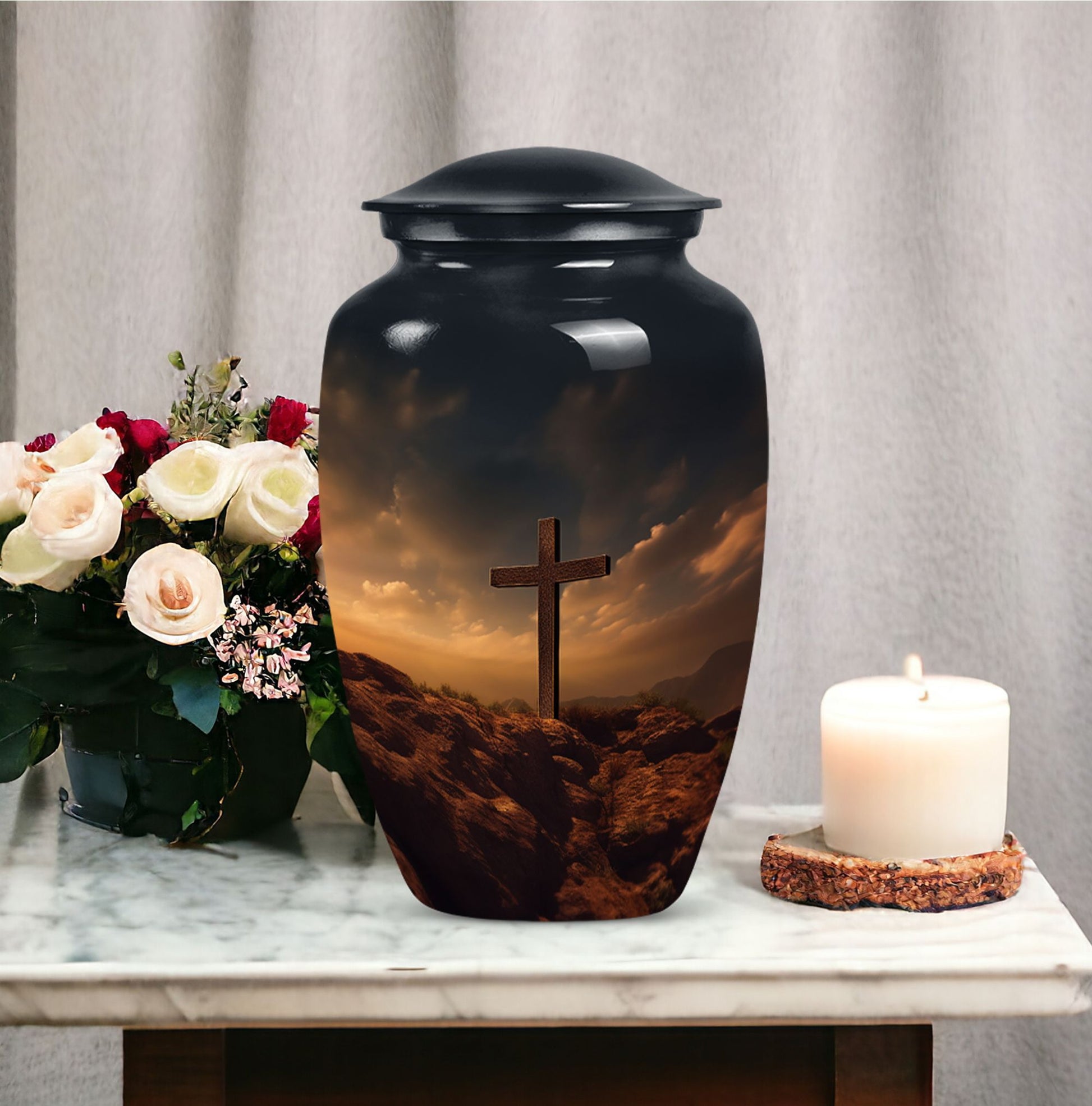 Jesus Christ Cross Cremation Urn, personalized aluminum urn.