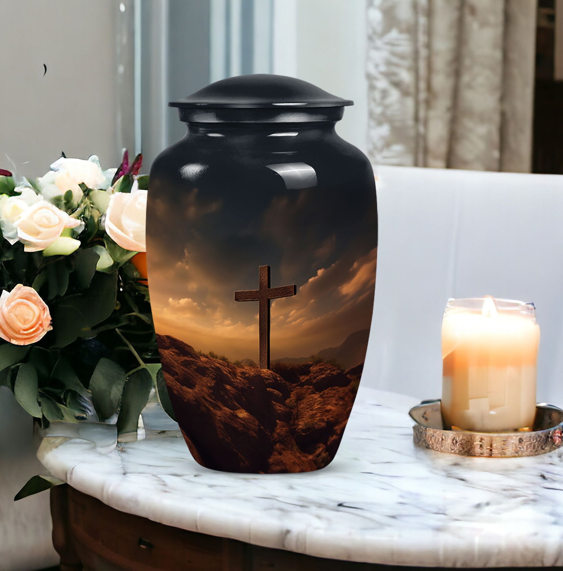 Jesus Christ Cross Cremation Urn, personalized aluminum urn.