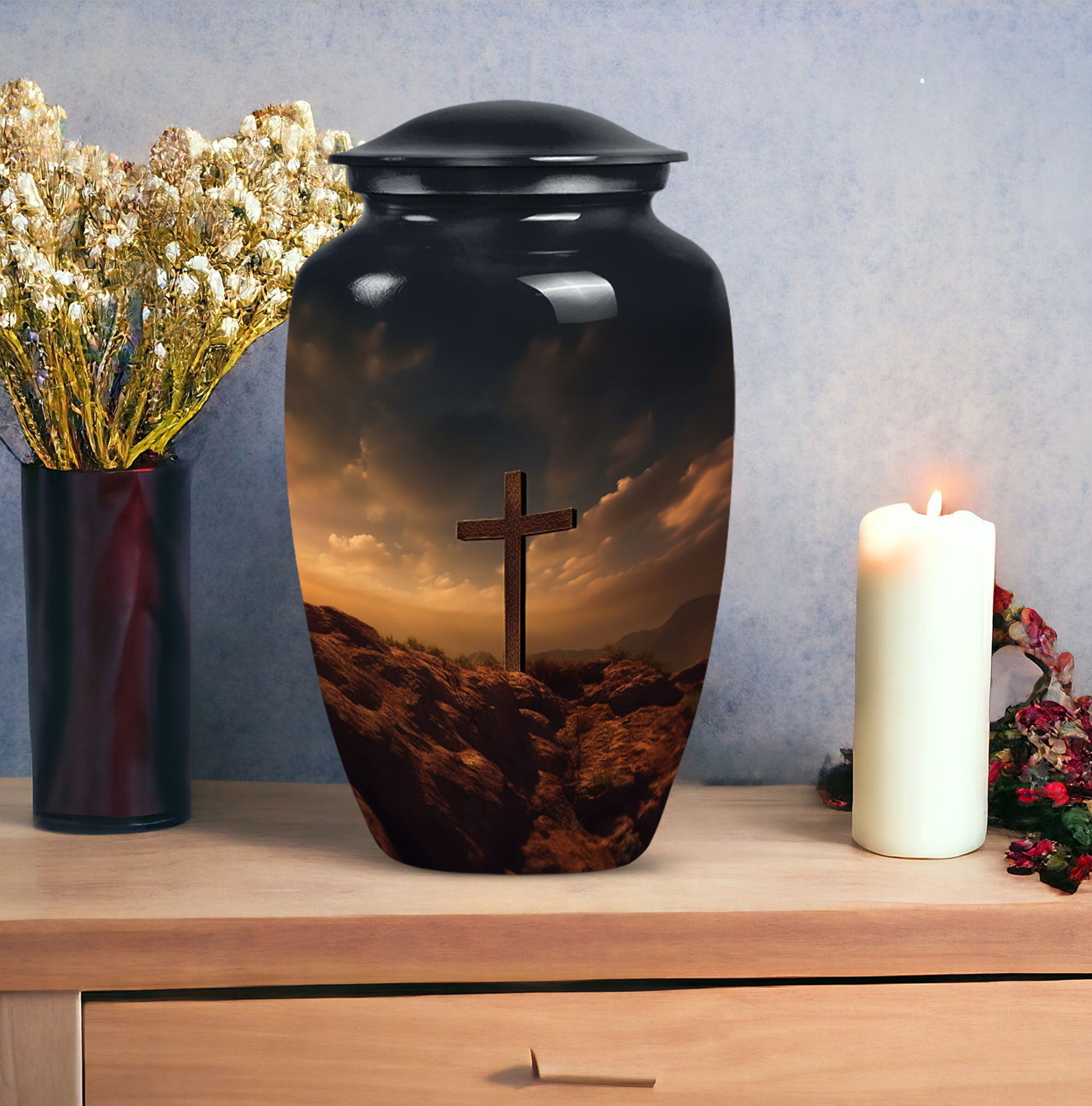 Jesus Christ Cross Cremation Urn, personalized aluminum urn.