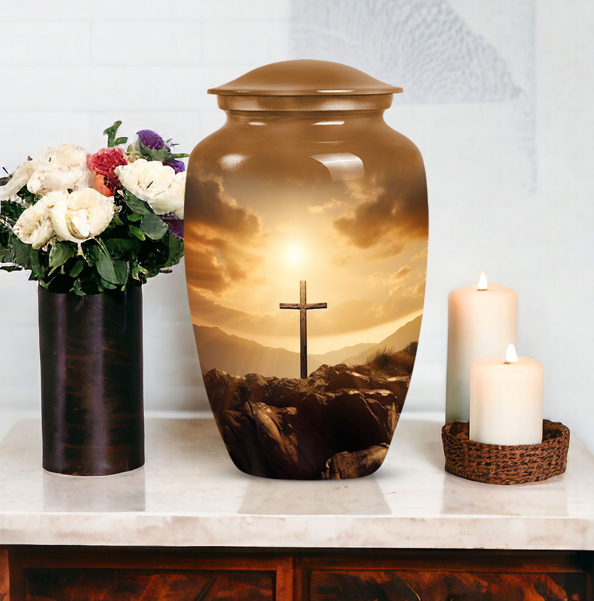 Large Jesus Cross Memorial Urn in classic design.