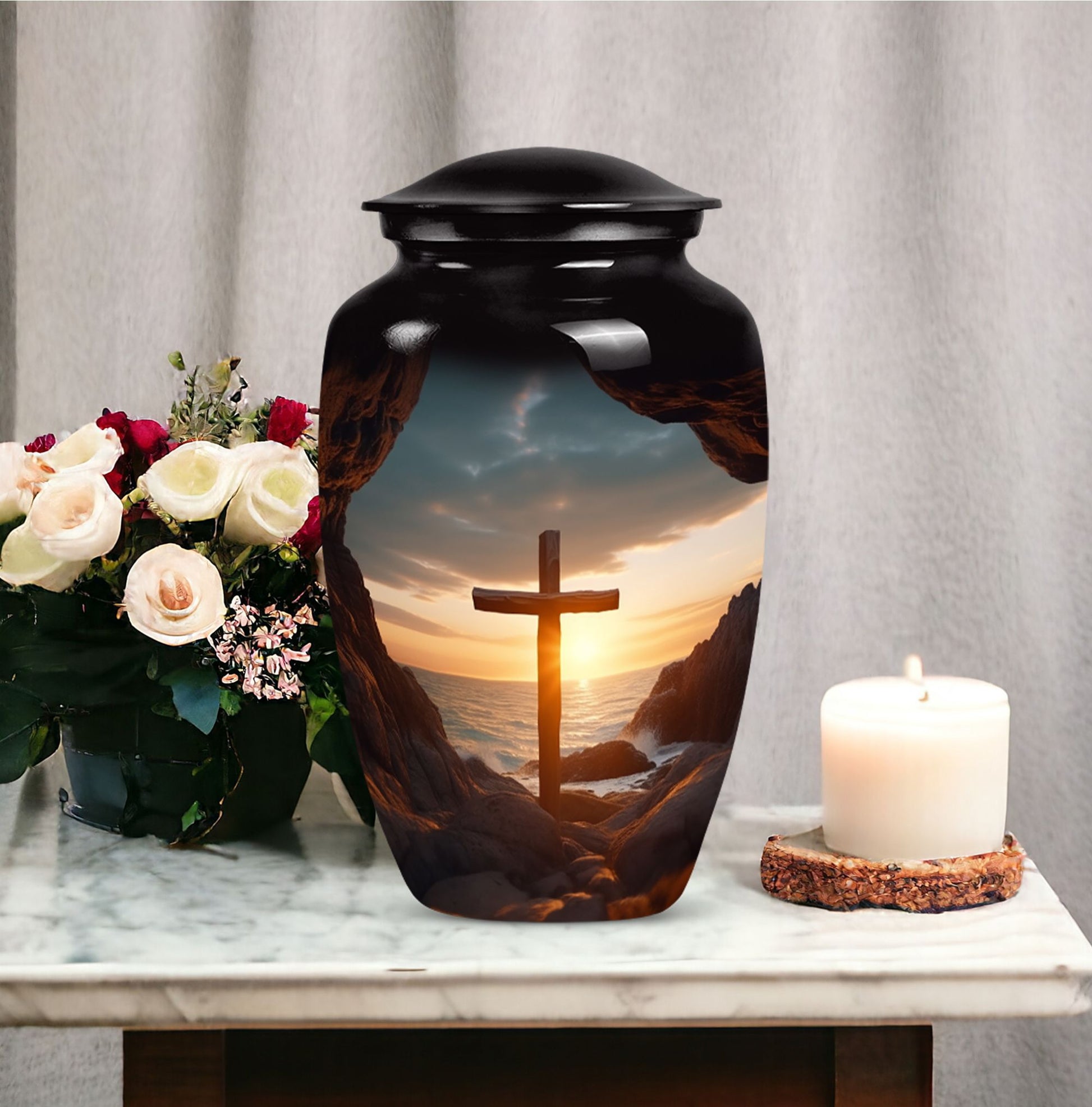 3-inch large Ocean Jesus Cross Urn for ashes.