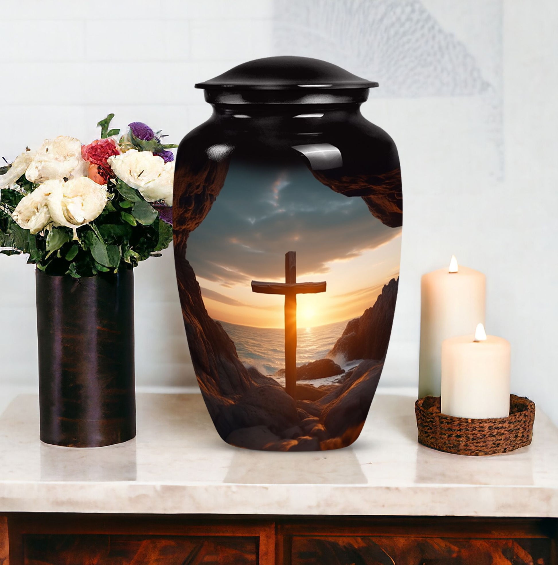 3-inch large Ocean Jesus Cross Urn for ashes.