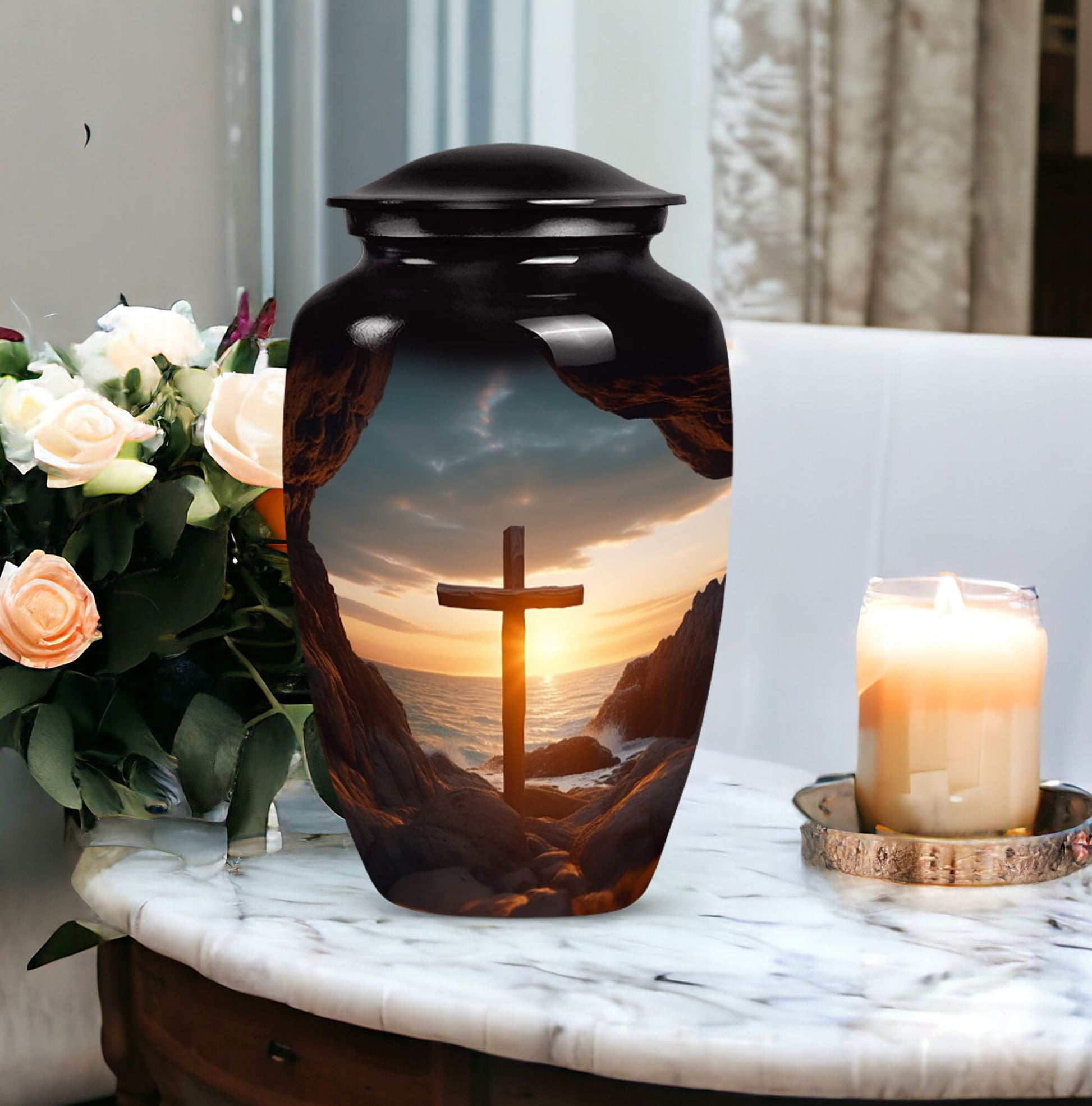 3-inch large Ocean Jesus Cross Urn for ashes.