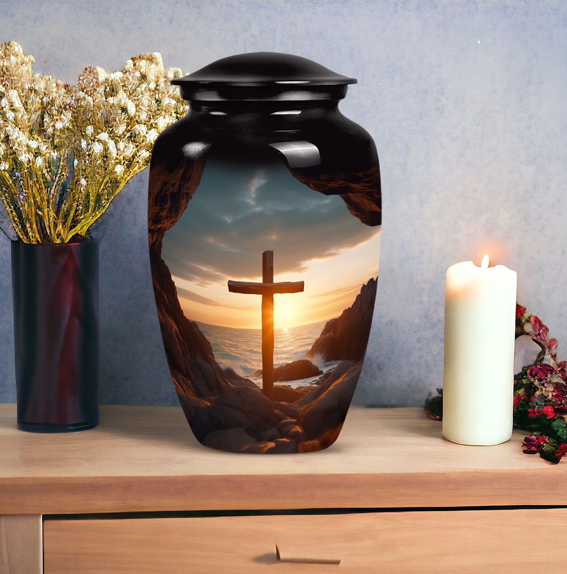 3-inch large Ocean Jesus Cross Urn for ashes.