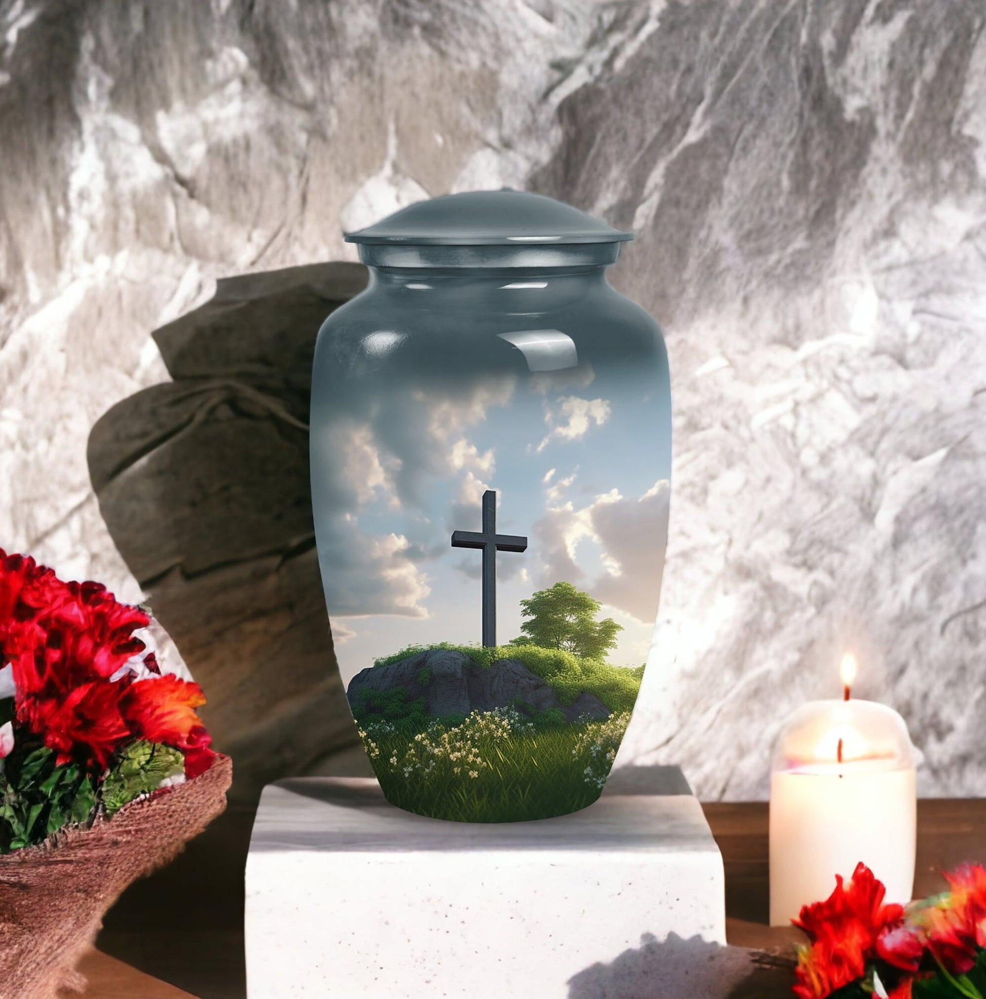 Jesus Christ cross aluminium urn, classic design.