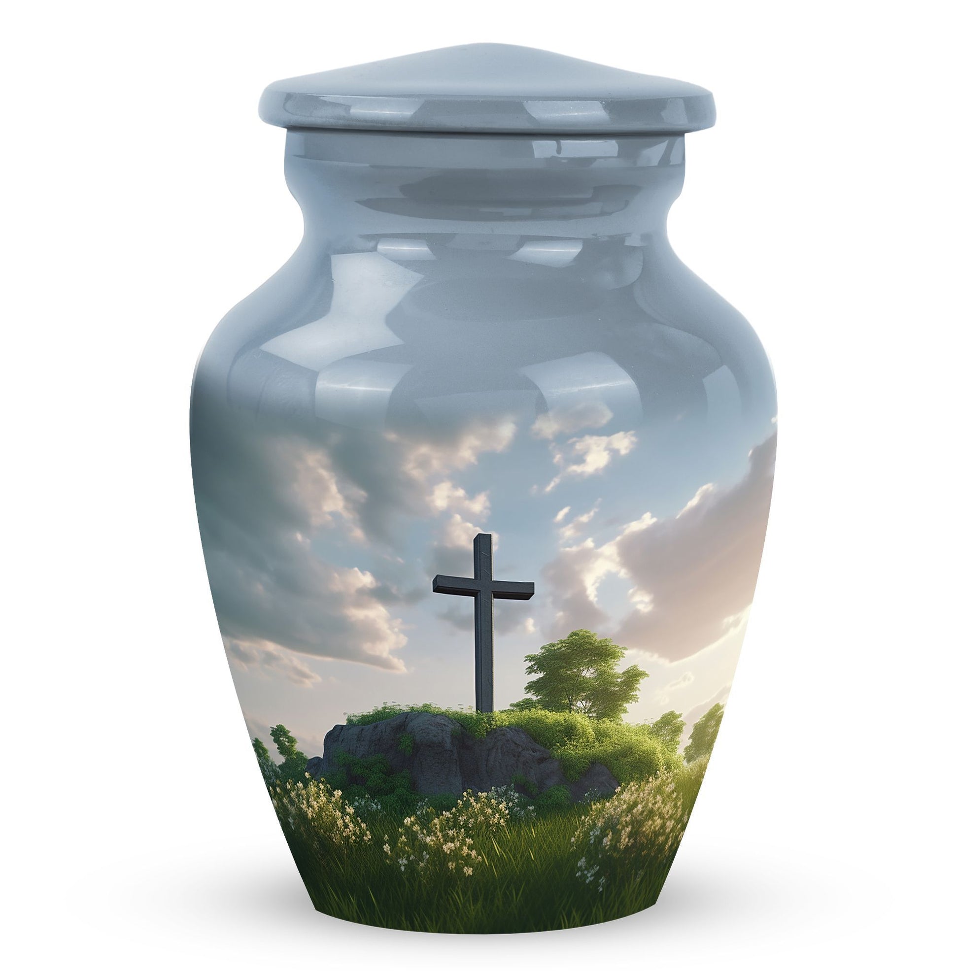 Jesus Christ cross aluminium urn, classic design.