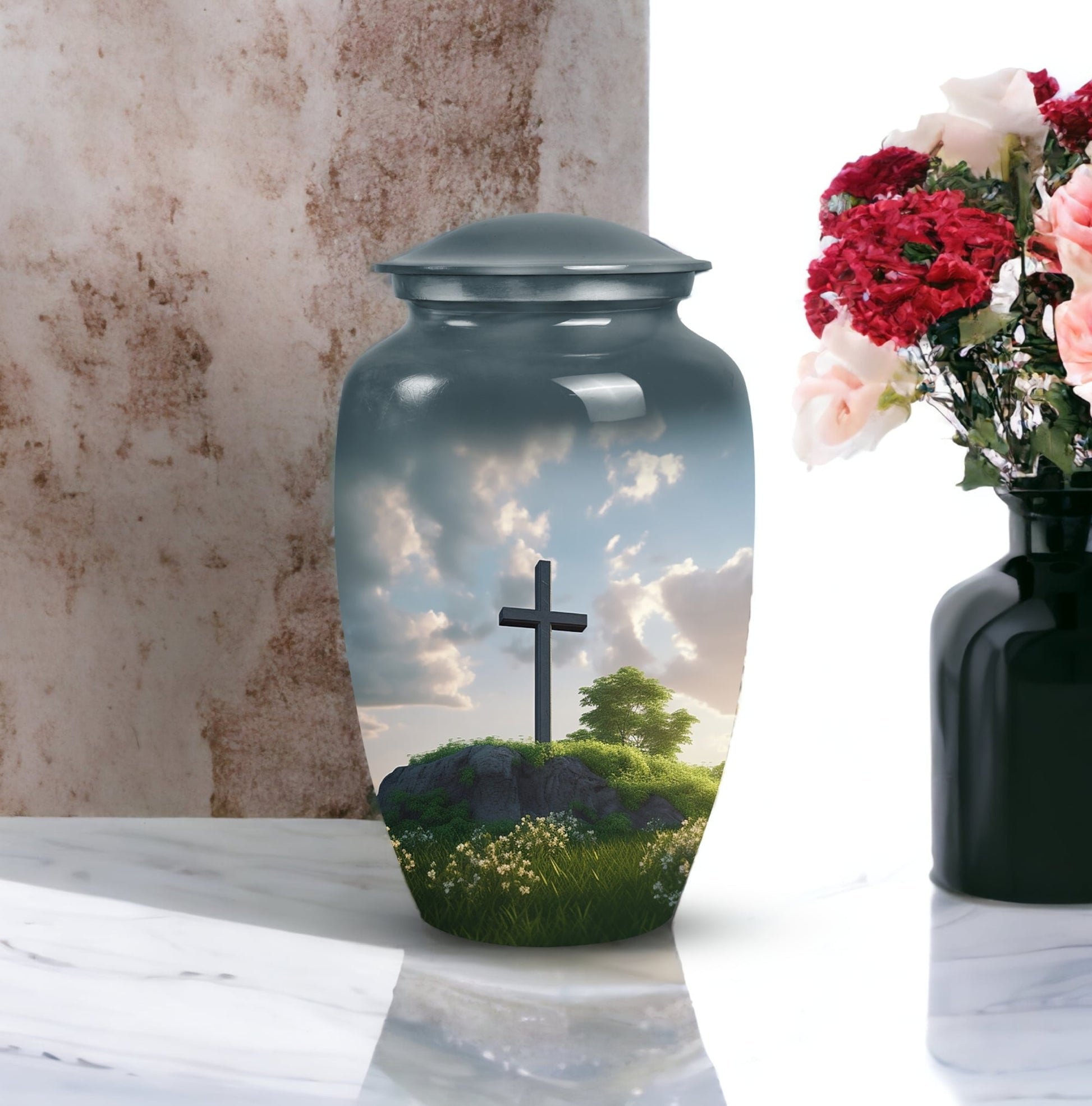 Jesus Christ cross aluminium urn, classic design.