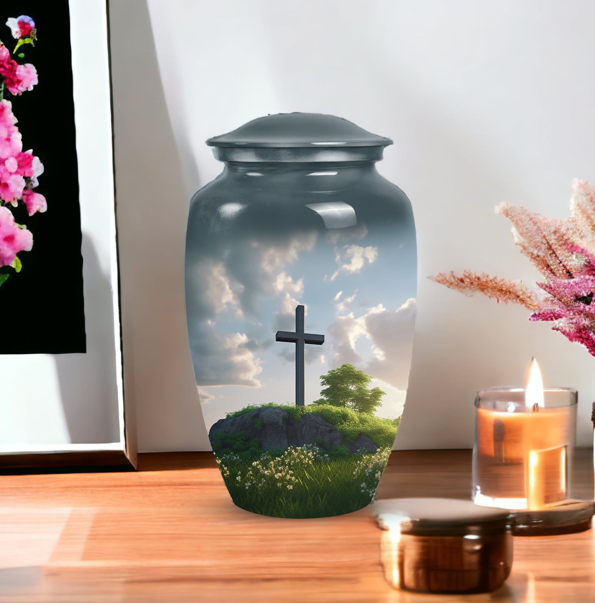 Jesus Christ cross aluminium urn, classic design.