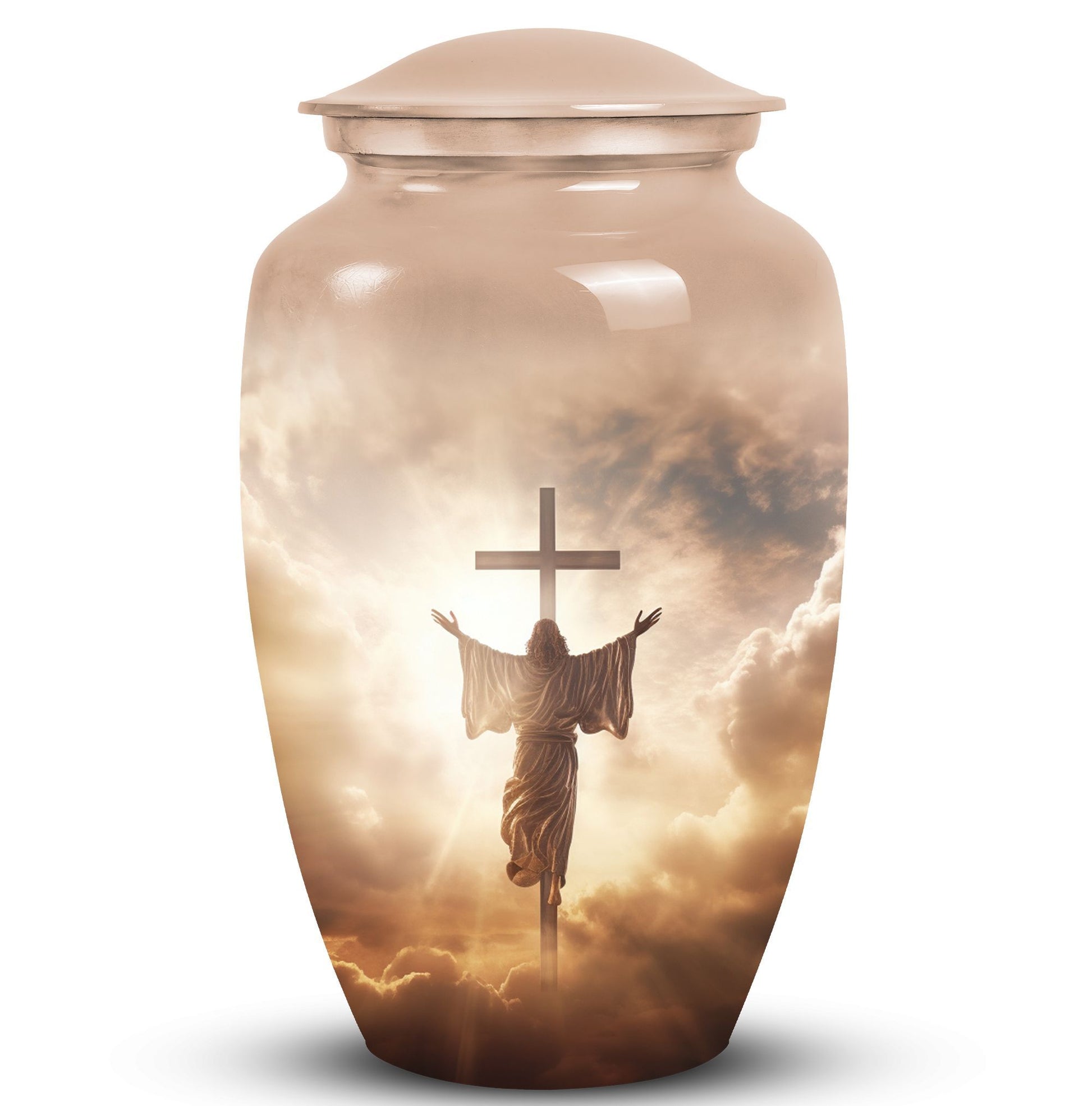 Classic Jesus Christ cross urn made of aluminium.