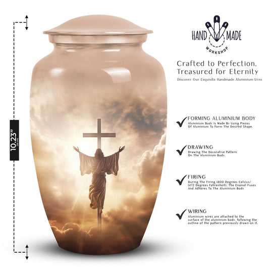 Classic Jesus Christ cross urn made of aluminium.