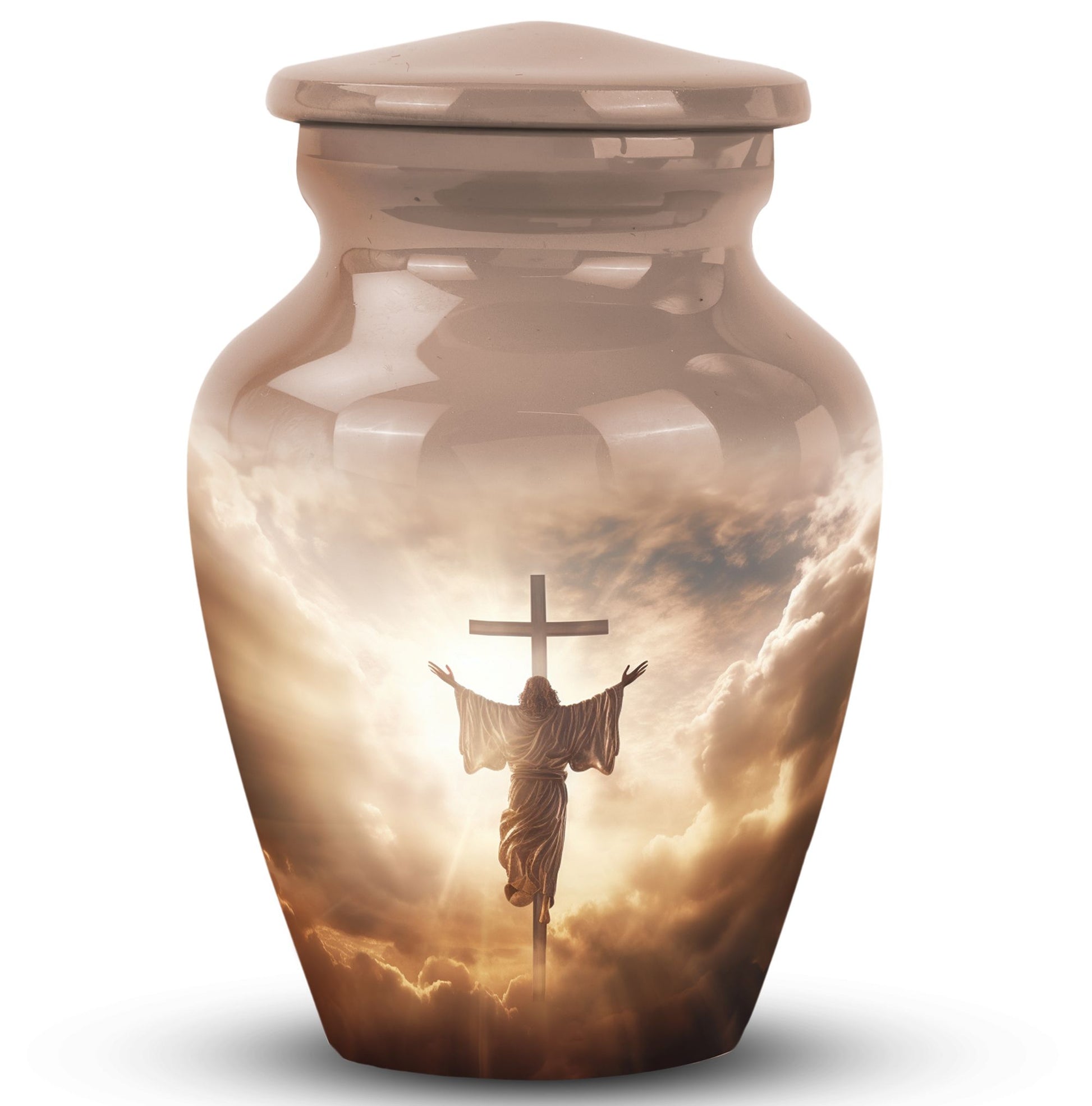 Classic Jesus Christ cross urn made of aluminium.