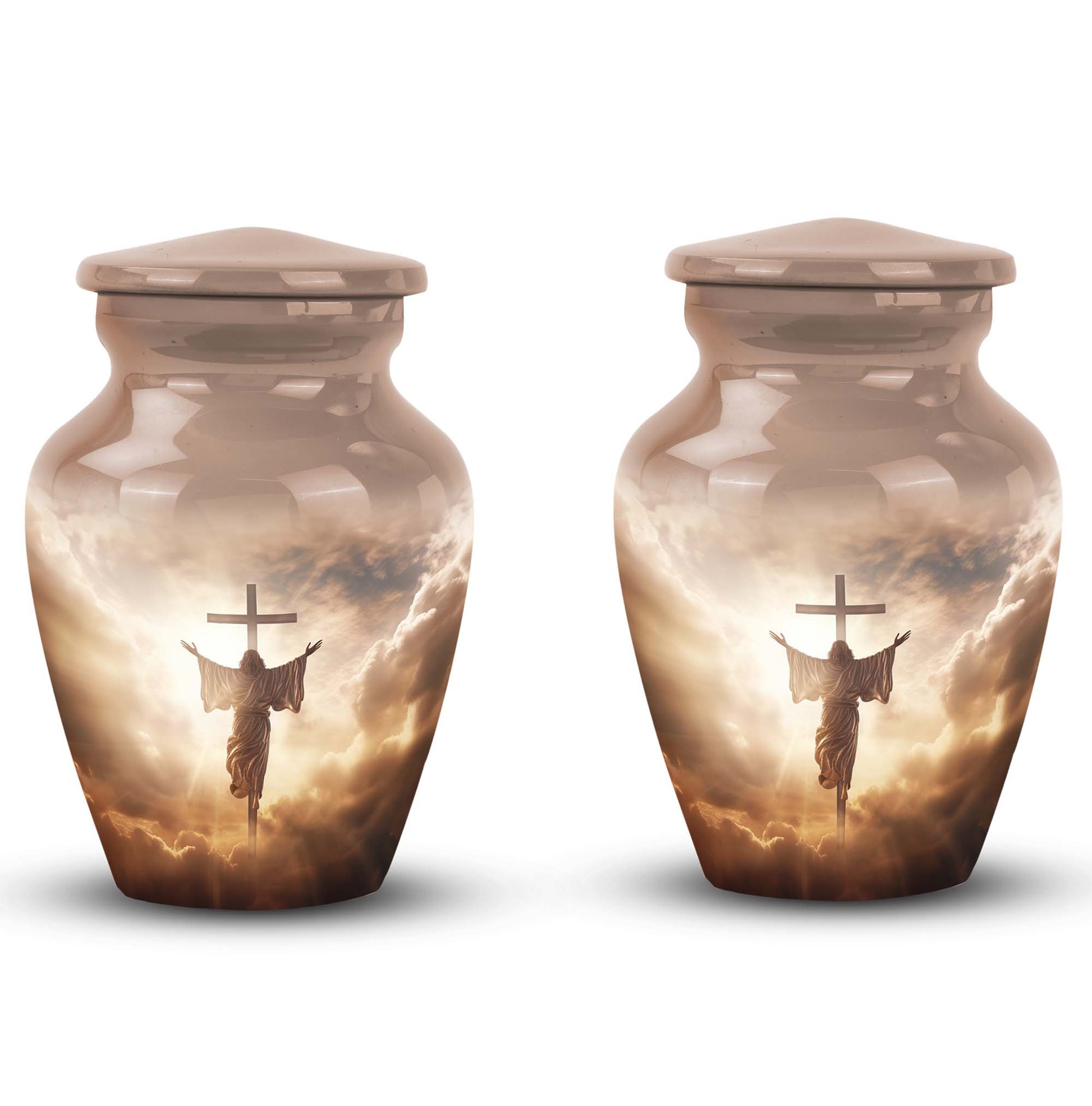 Classic Jesus Christ cross urn made of aluminium.