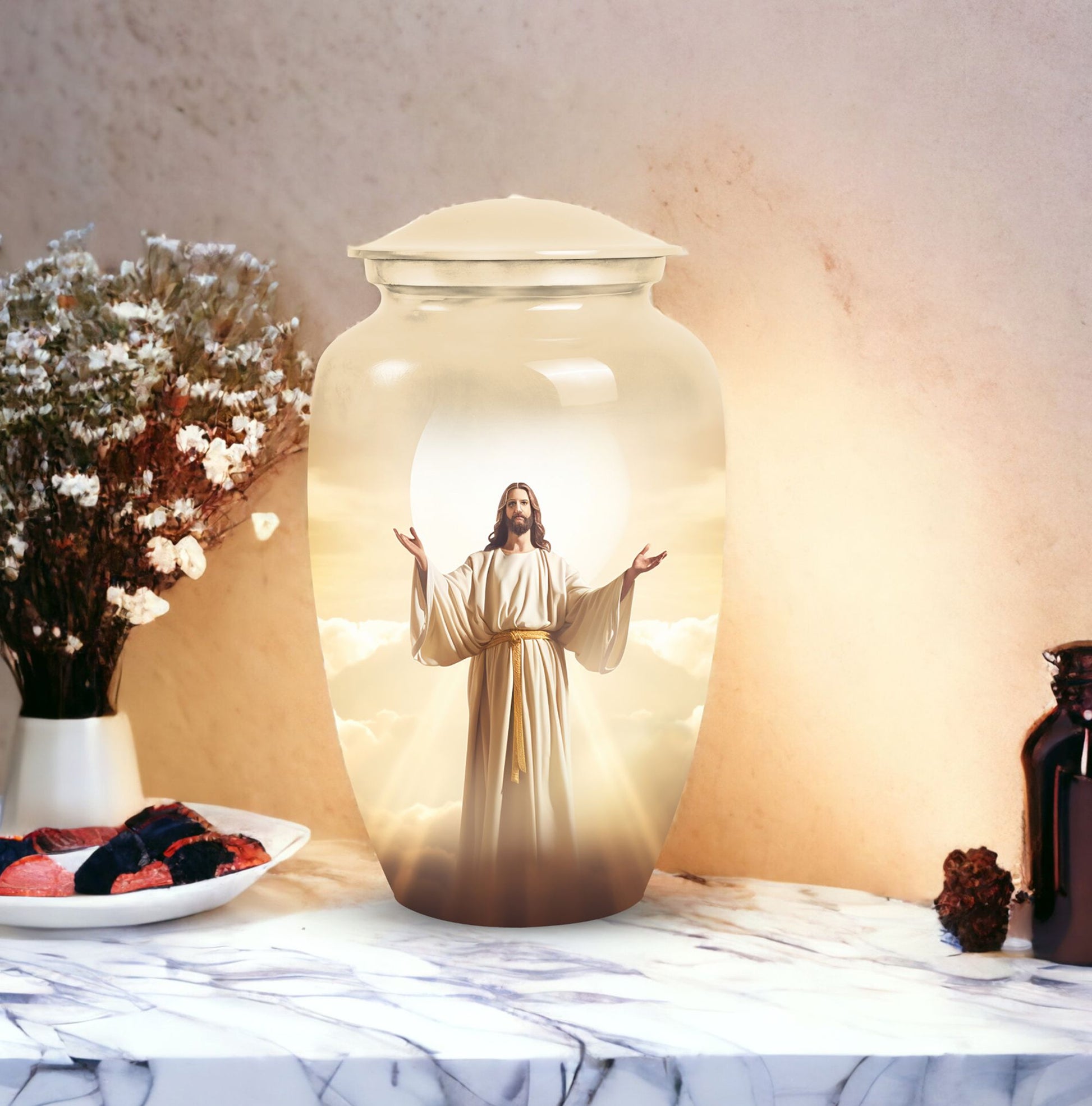 Jesus Christ cross cremation urn, classic 3-inch large urn.