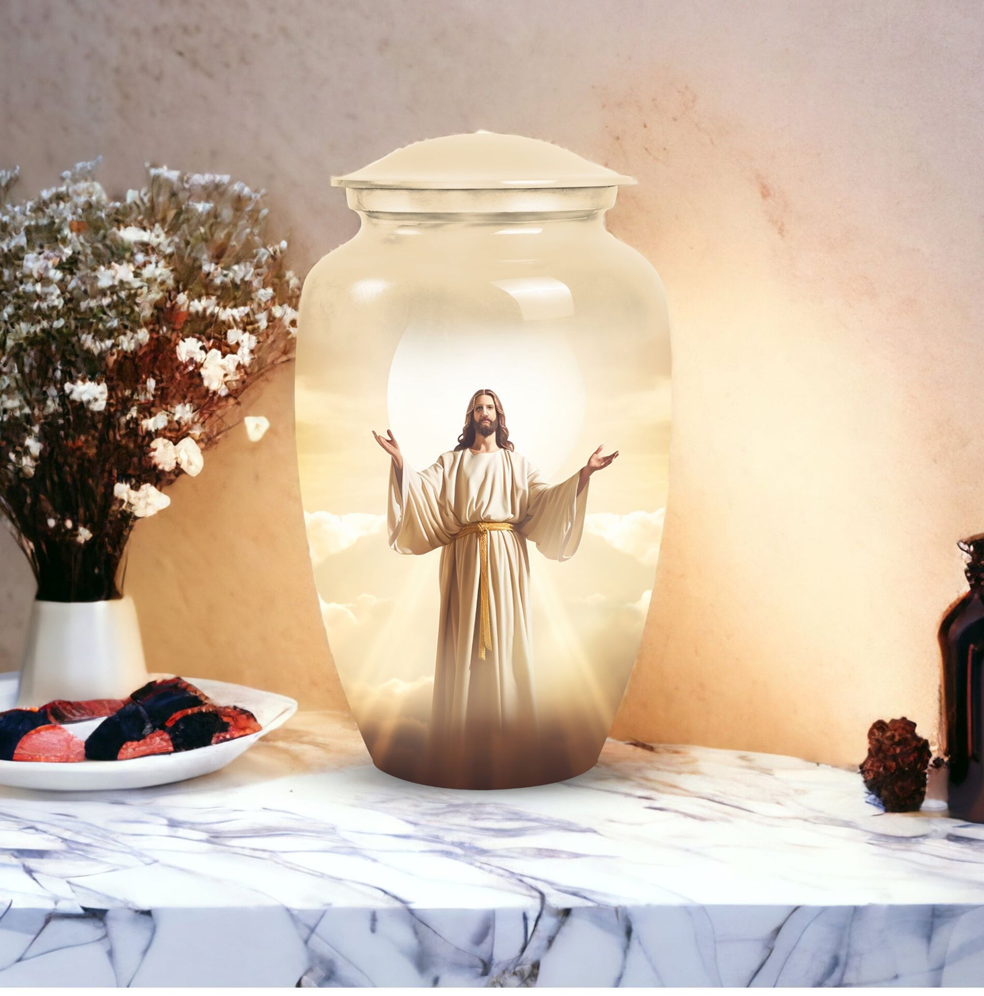 Jesus Christ cross cremation urn, classic 3-inch large urn.