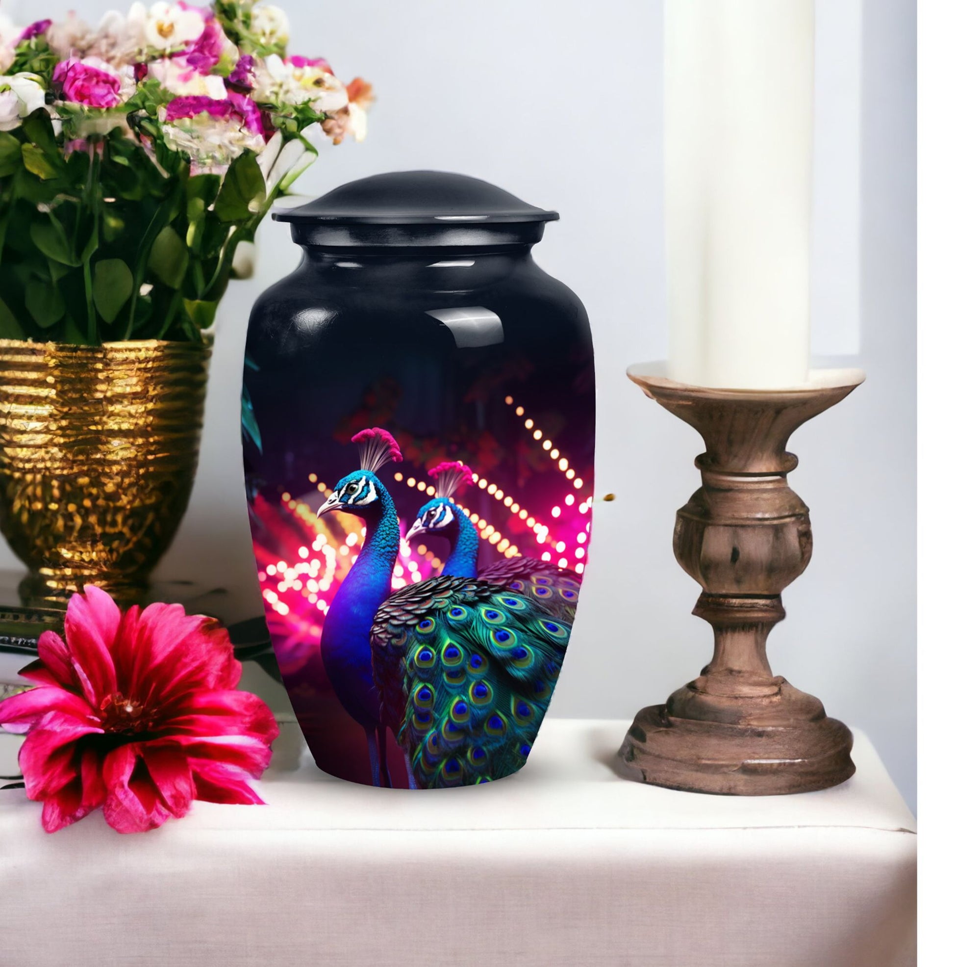 Peacock Cremation Urn, large classic design.