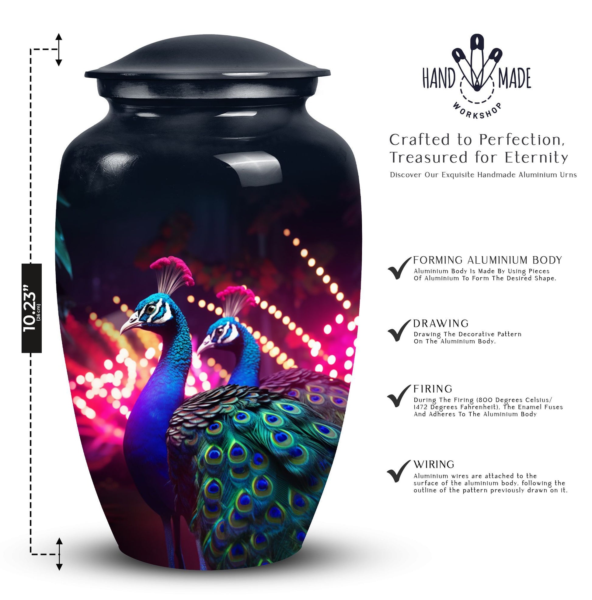 Peacock Cremation Urn, large classic design.