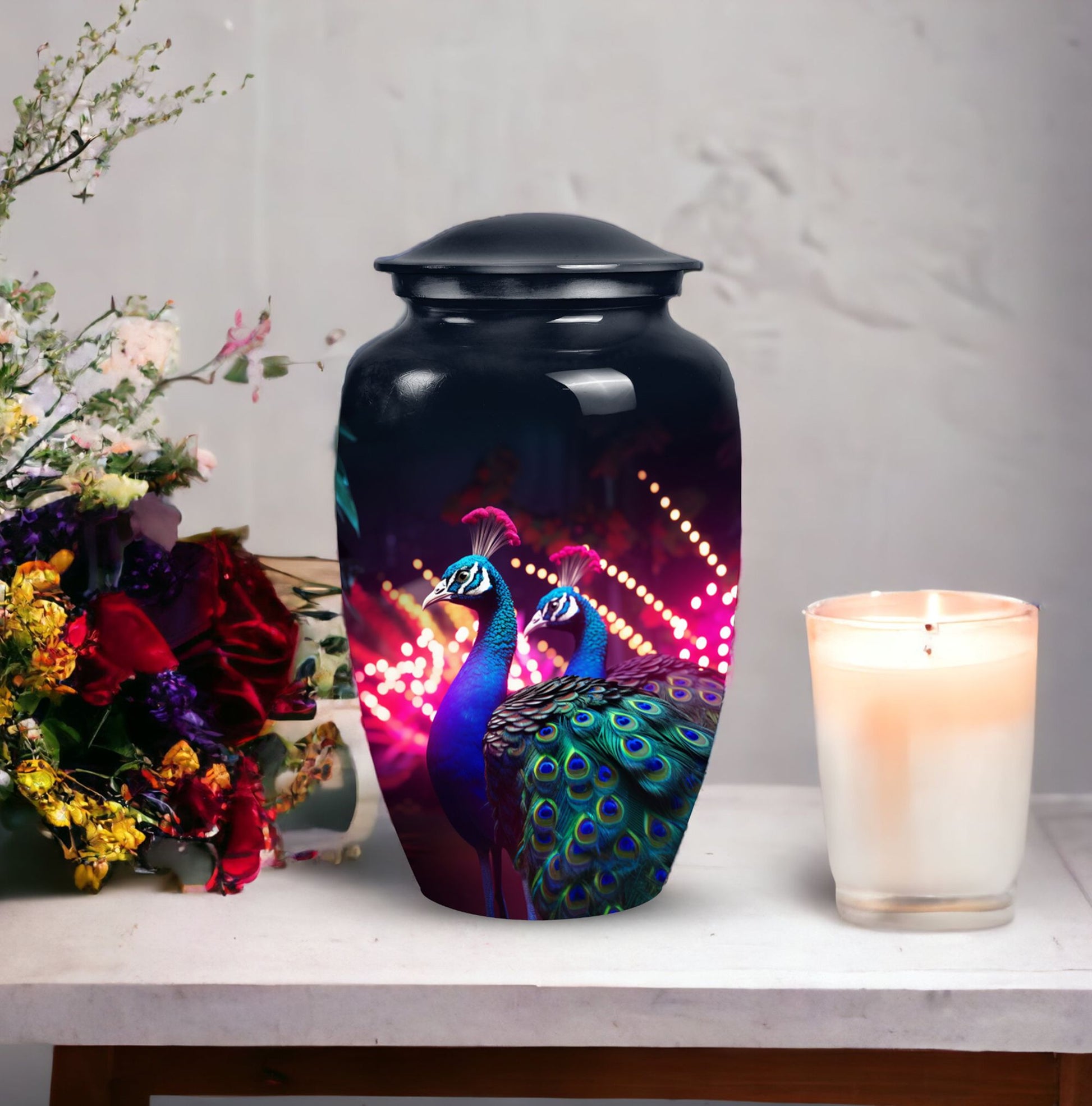 Peacock Cremation Urn, large classic design.