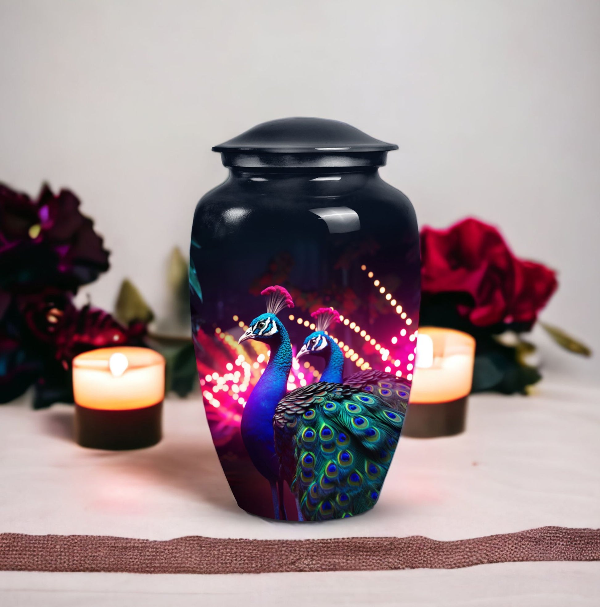 Peacock Cremation Urn, large classic design.