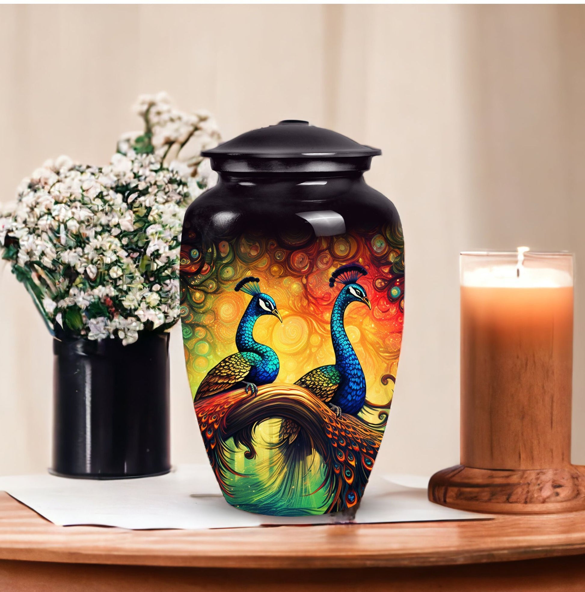 Peacock Urn for Ashes, comes with personalized engraving