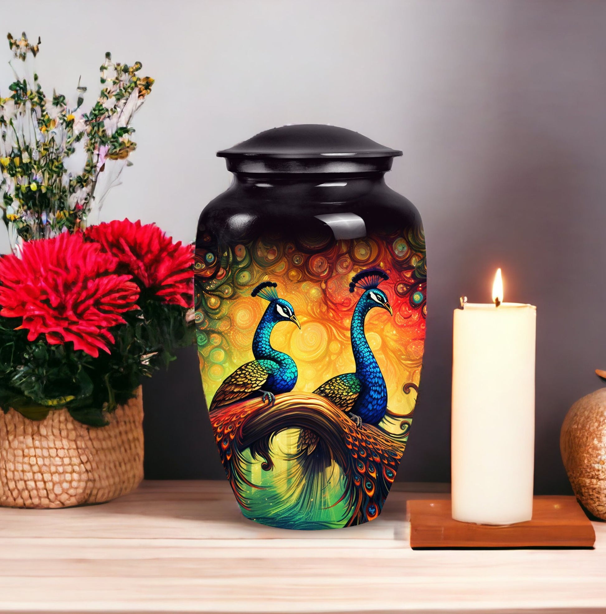 Peacock Urn for Ashes, comes with personalized engraving