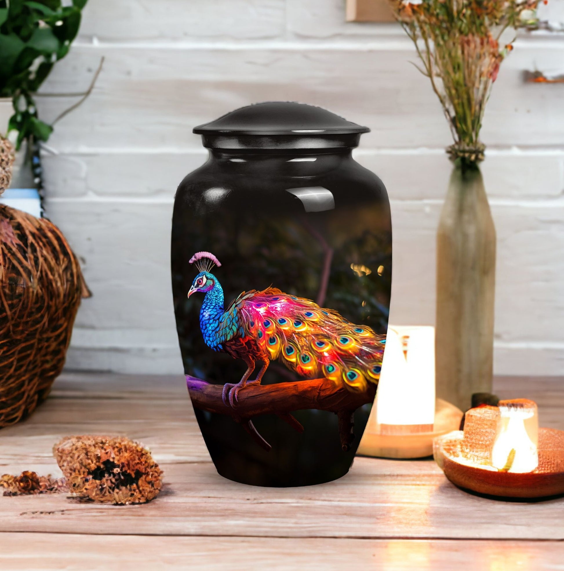 Classic Peacock Urn for ashes, Large Aluminium Memorial Urn.