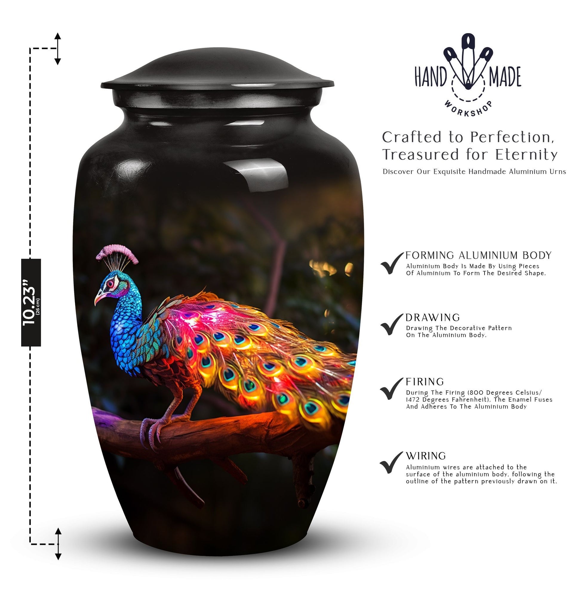 Classic Peacock Urn for ashes, Large Aluminium Memorial Urn.