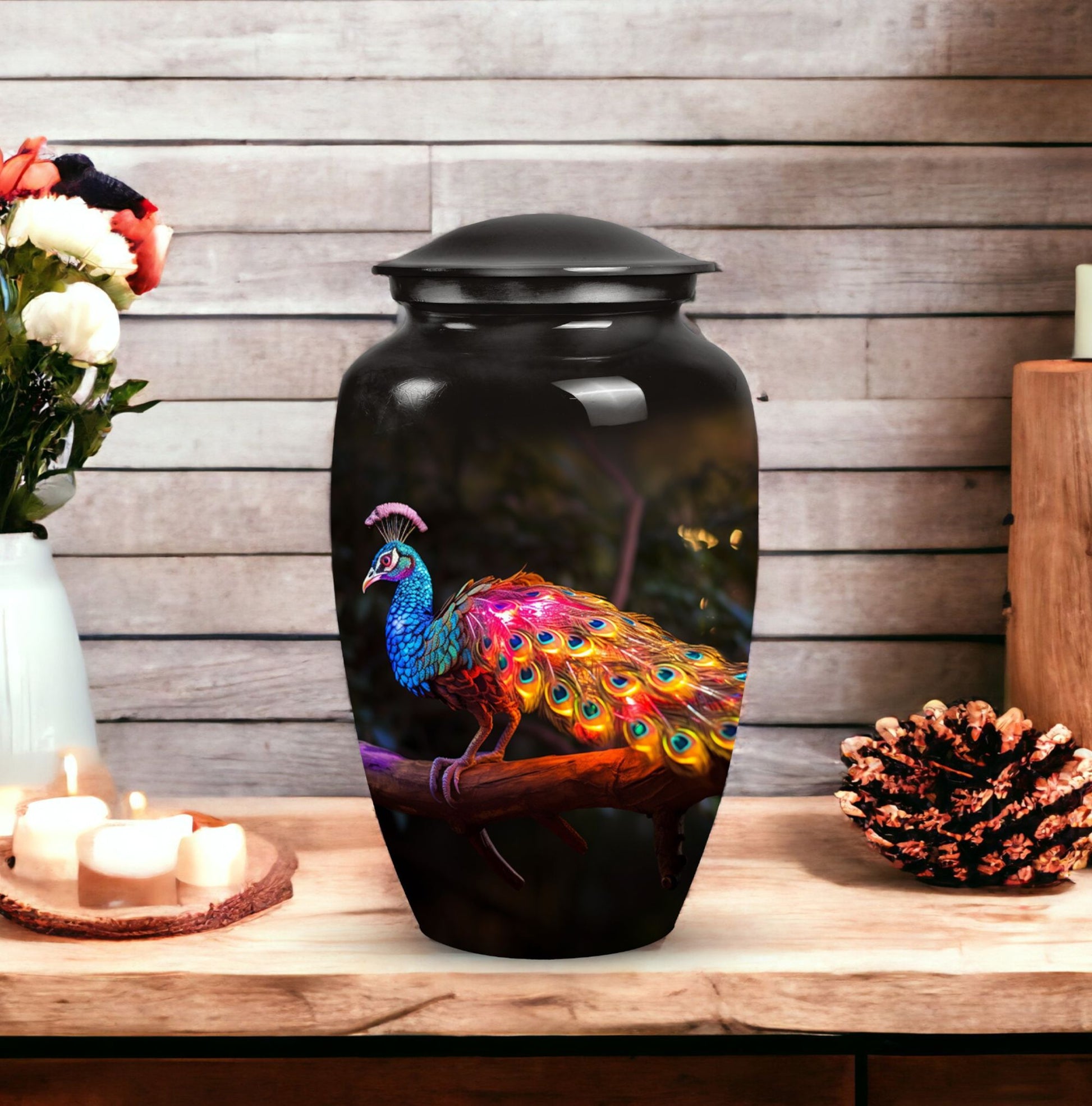 Classic Peacock Urn for ashes, Large Aluminium Memorial Urn.