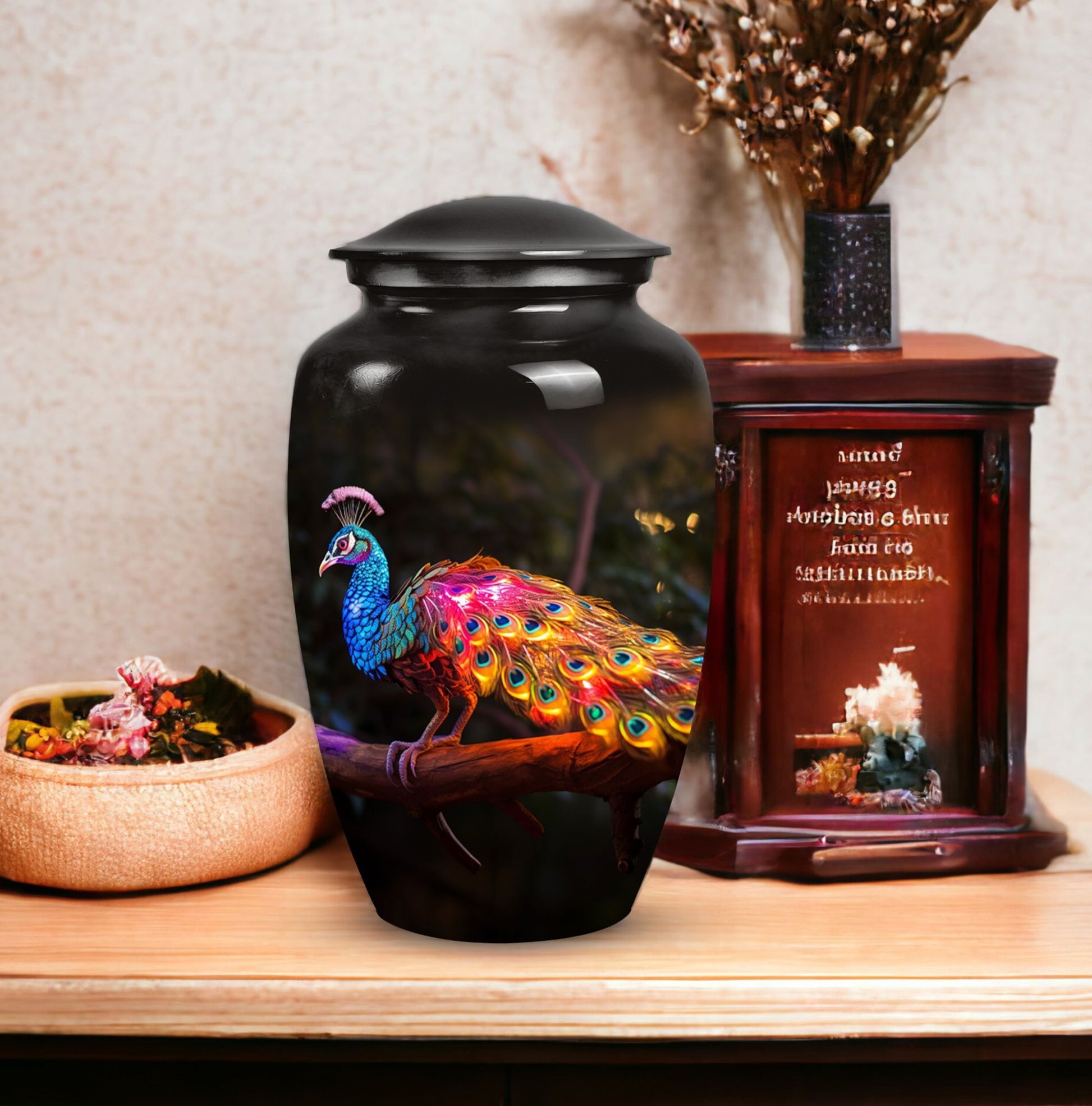 Classic Peacock Urn for ashes, Large Aluminium Memorial Urn.