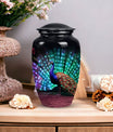 Classic Peacock Cremation Urn, crafted from aluminium.