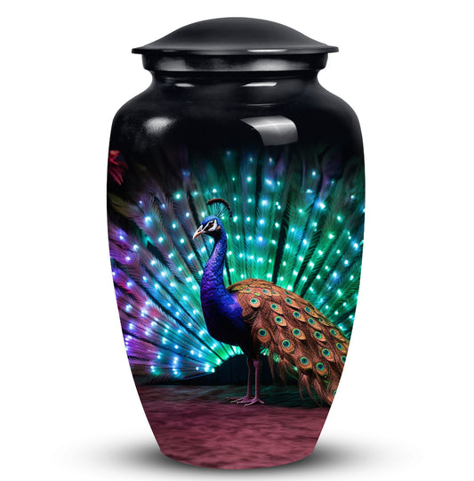 Classic Peacock Cremation Urn, crafted from aluminium.